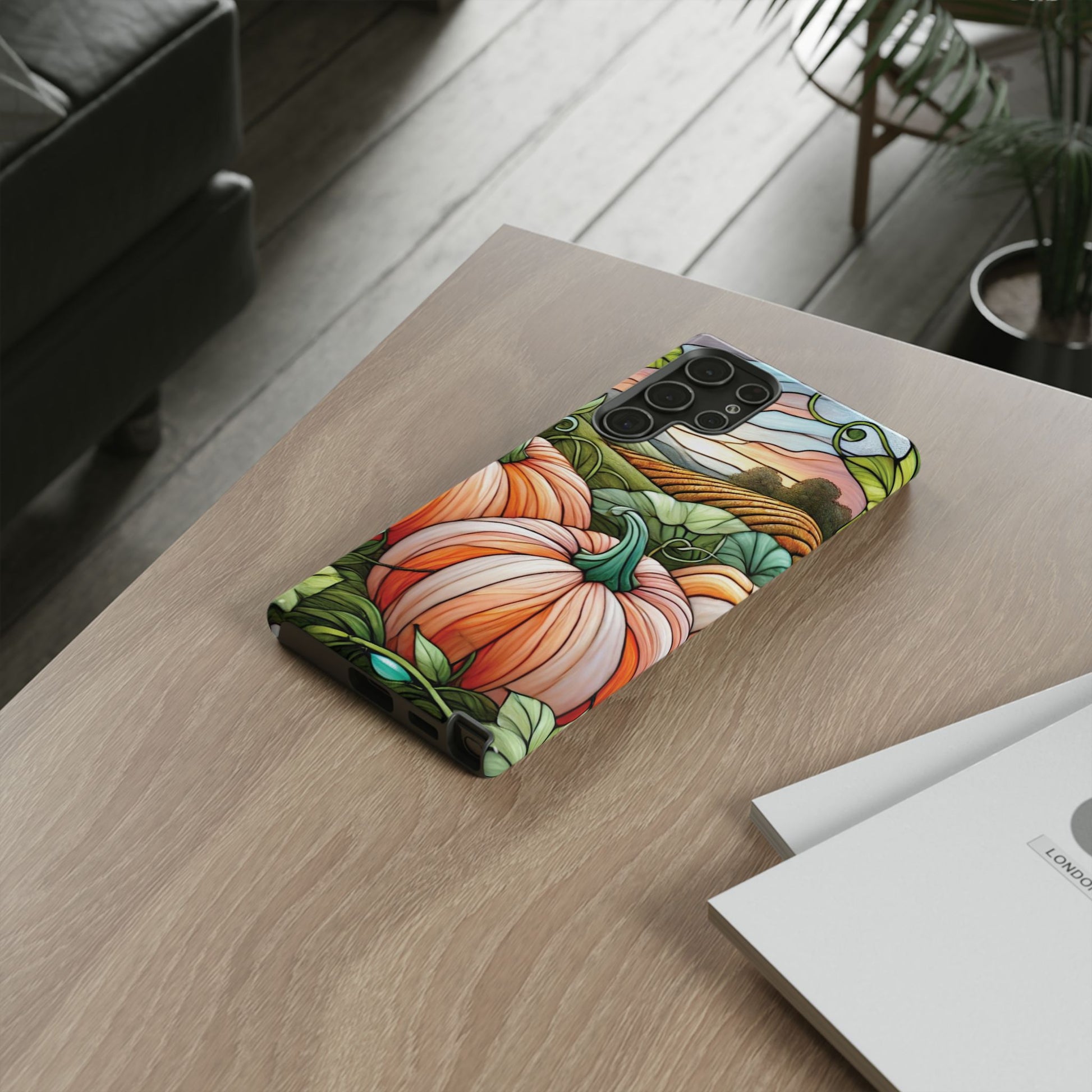 Pumpkins Phone Case Fall Faux Stained-Glass Thanksgiving Cover Pumpkin Lovers Gift for Galaxy S 24 23 22 21 Pixel 5 6 7 8 iPhone 17 , 16 15 14 13 12 Samsung iPhone Samsung Gift for Her
