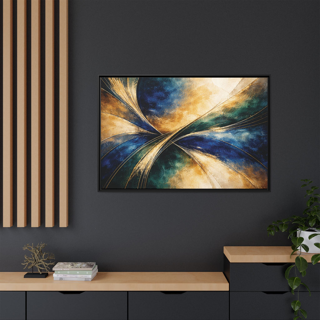 Gilded Convergence  Luxe NeoDeco Blue & Gold Abstract Wall Art Framed