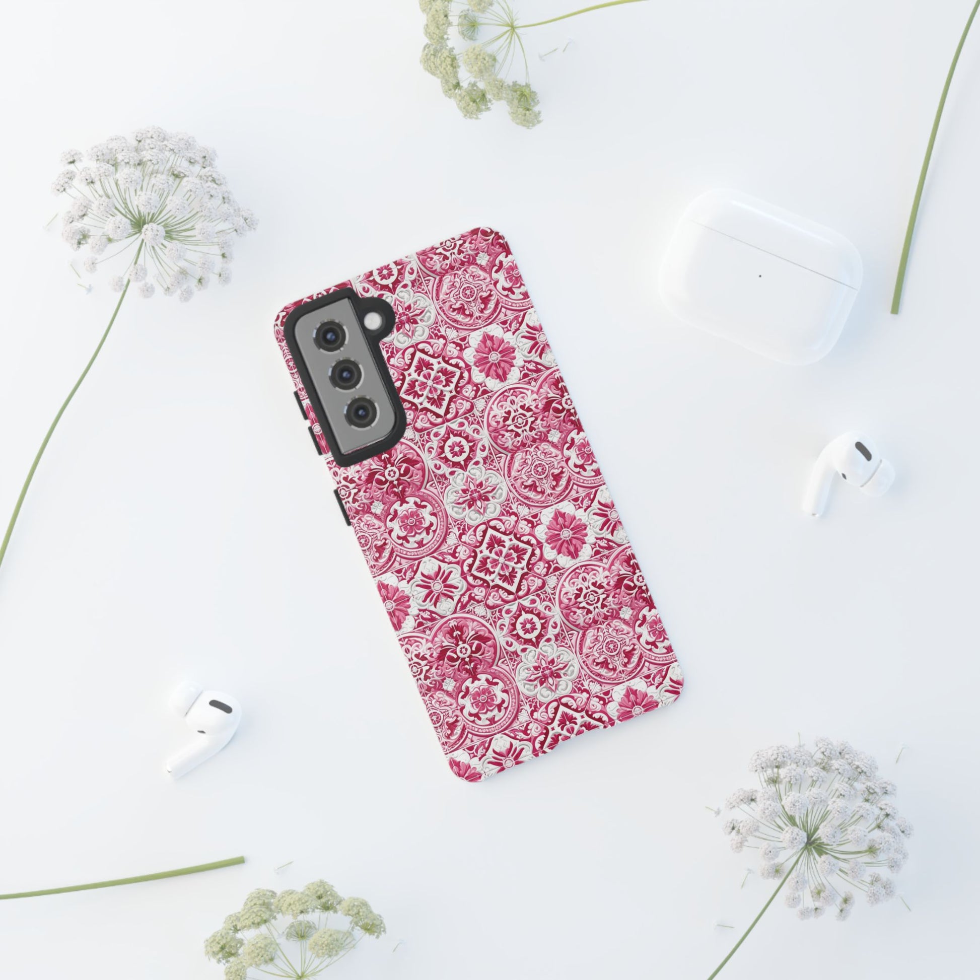 Pink and White Mediterranean Tile Design Phone Case - Stylish, Protective Cover for All Models Gift for Mom Accessory Gift for Her