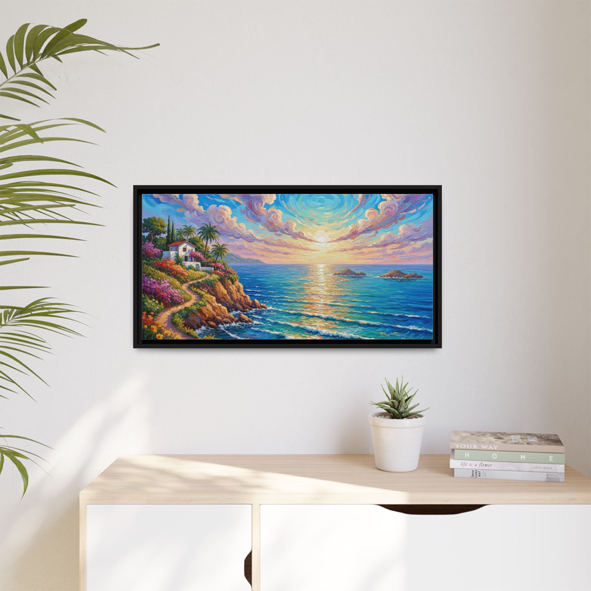 Toile imprimée florale océanique | Décoration murale colorée et lumineuse de paysage marin, œuvre d'art de bureau encadrée et mate