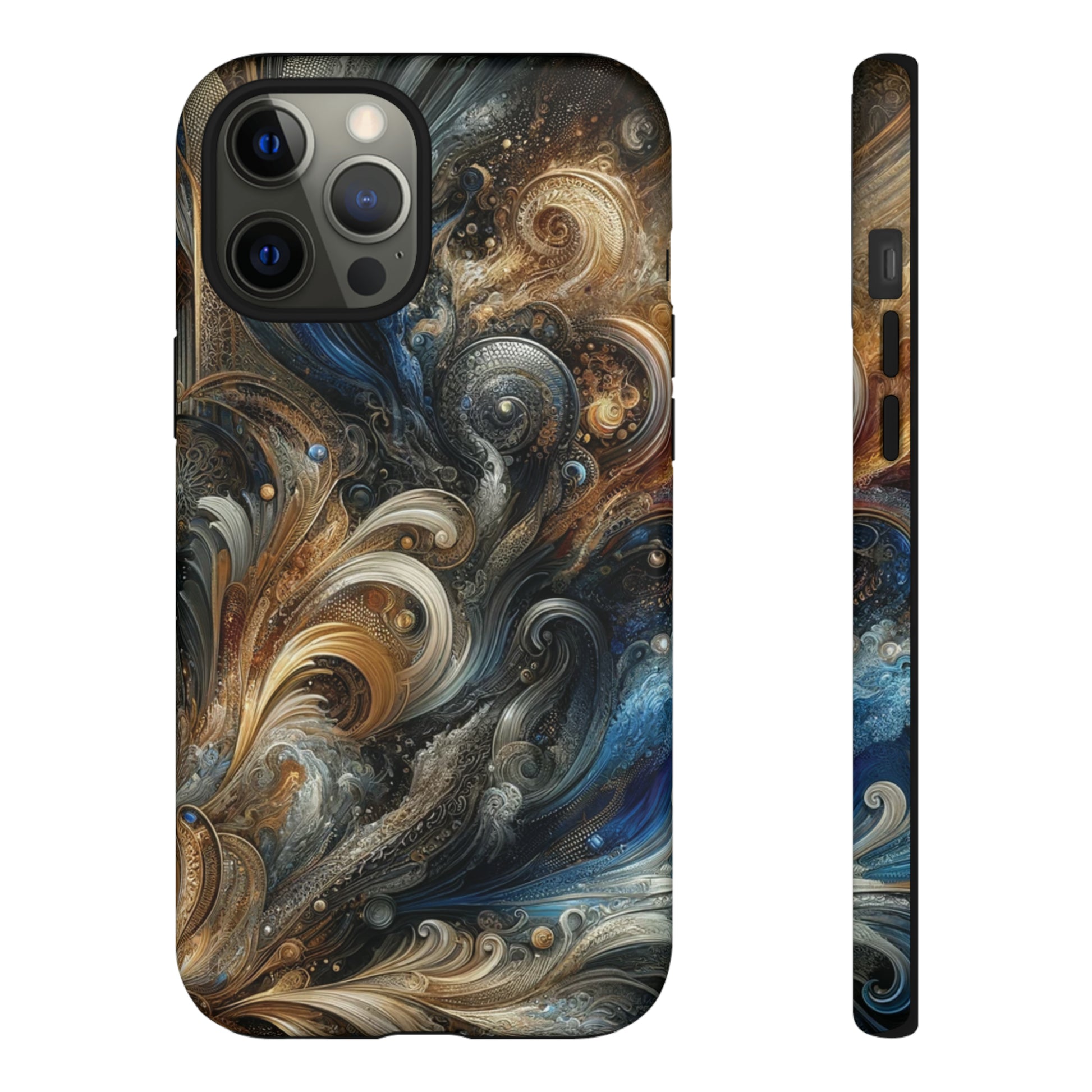 Gold and Navy Art Design Luxury Phone Tough Case Floral Elegant Durable Stylish for Modern Devices iPhone 15, Samsung iPhone Samsung Accessory Gift for Her.