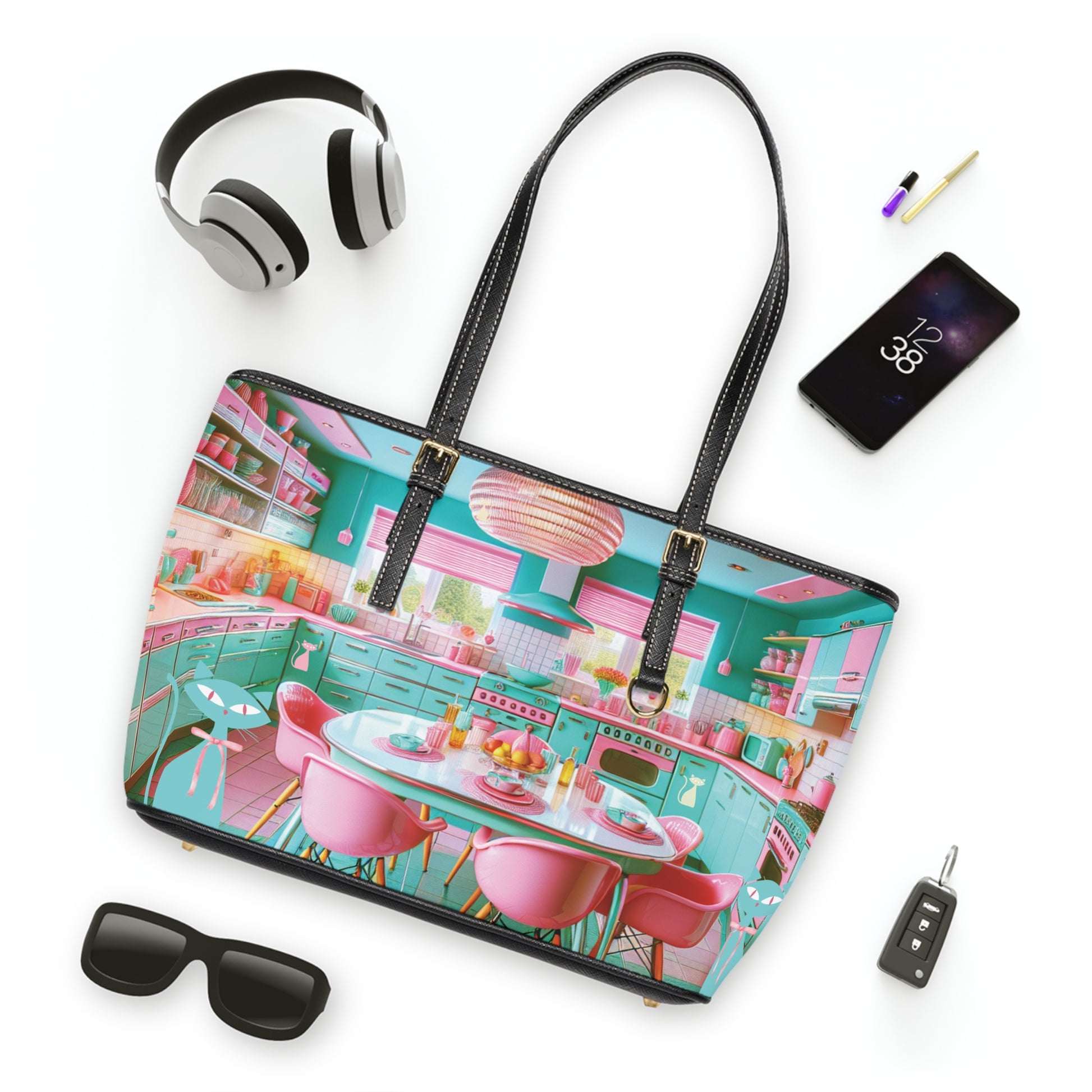 Atomic Mid Century Modern Retro Pink & Aqua PU Leather Shoulder Bag Stylish and Durable Handbag for Everyday Use, Travel, & Special Occasions – Trendy Vintage-Inspired Accessory - MRSBYVALLE