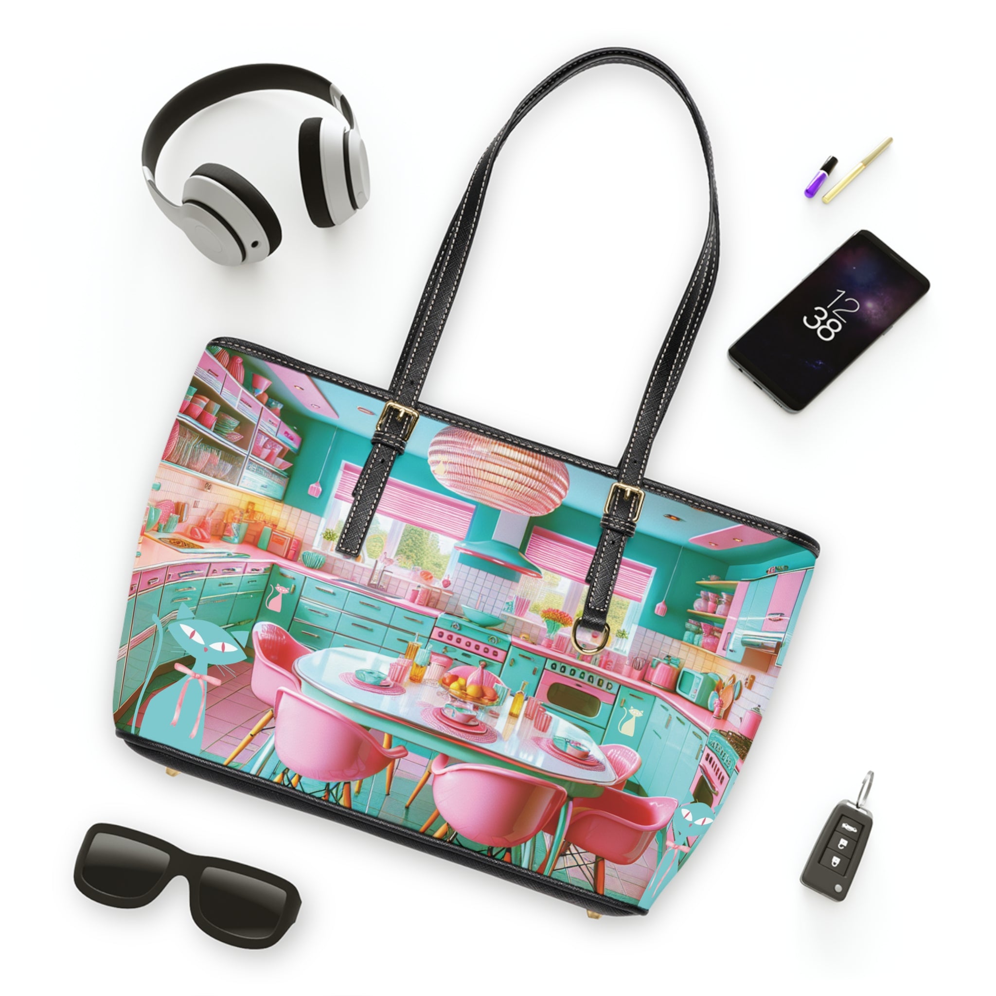 Atomic Mid Century Modern Retro Pink & Aqua PU Leather Shoulder Bag Stylish and Durable Handbag for Everyday Use, Travel, & Special Occasions – Trendy Vintage-Inspired Accessory - MRSBYVALLE