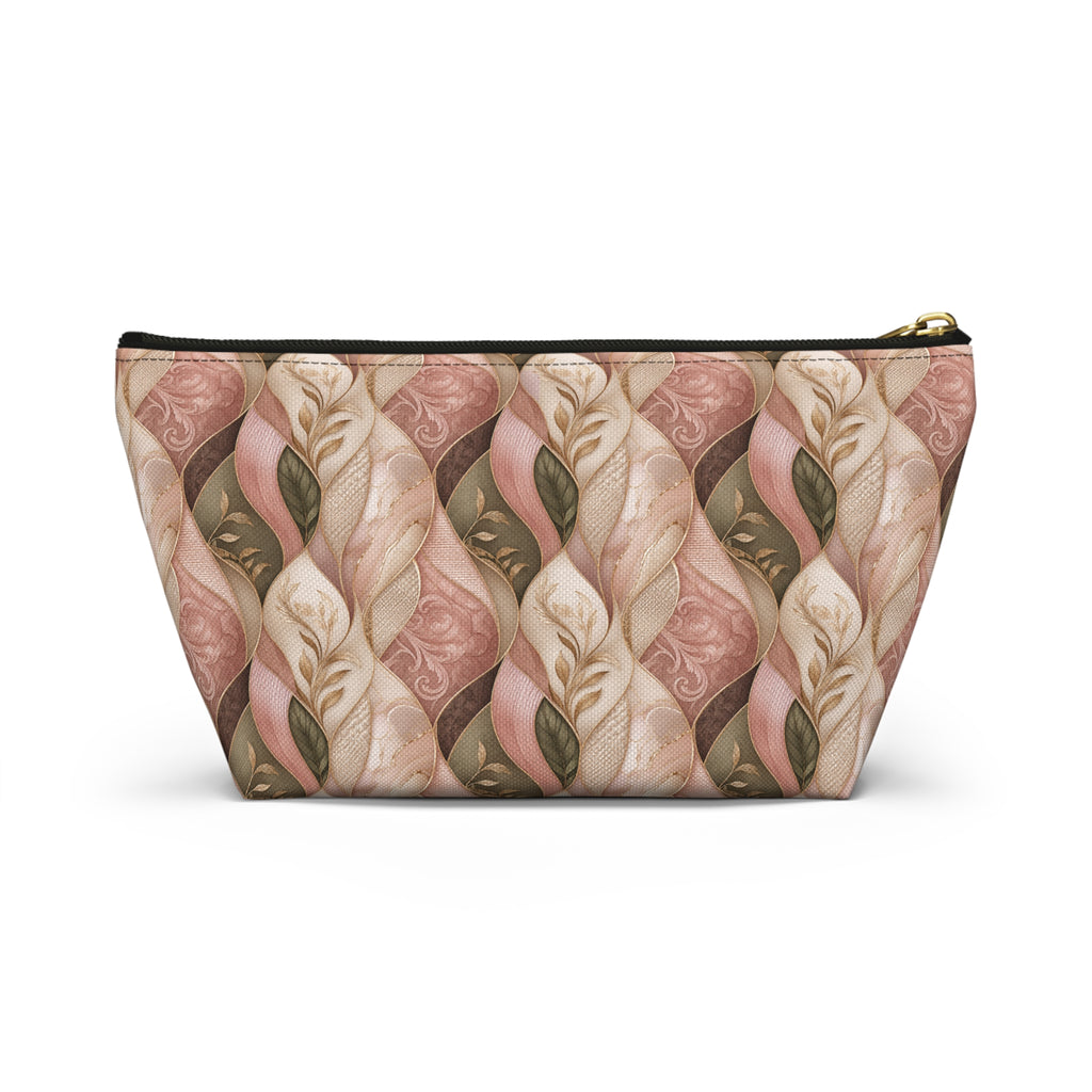 Braided Floral Accessory Pouch — Pink & Olive T‑Bottom Cosmetic Bag
