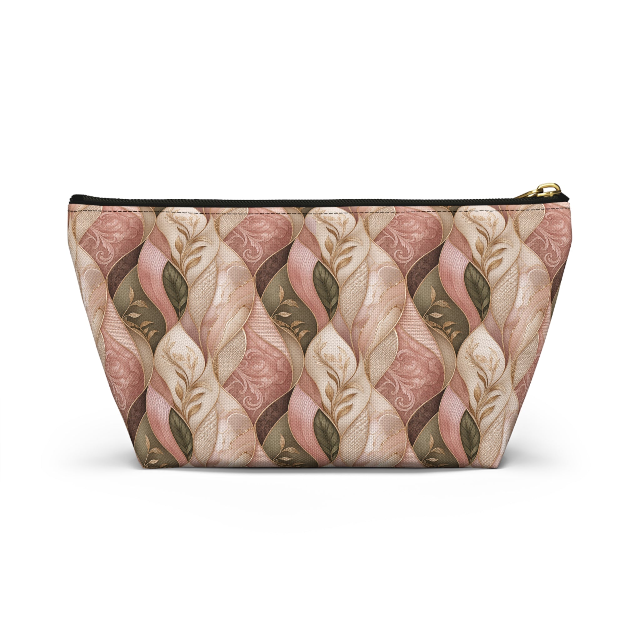 Braided Floral Accessory Pouch — Pink & Olive T‑Bottom Cosmetic Bag