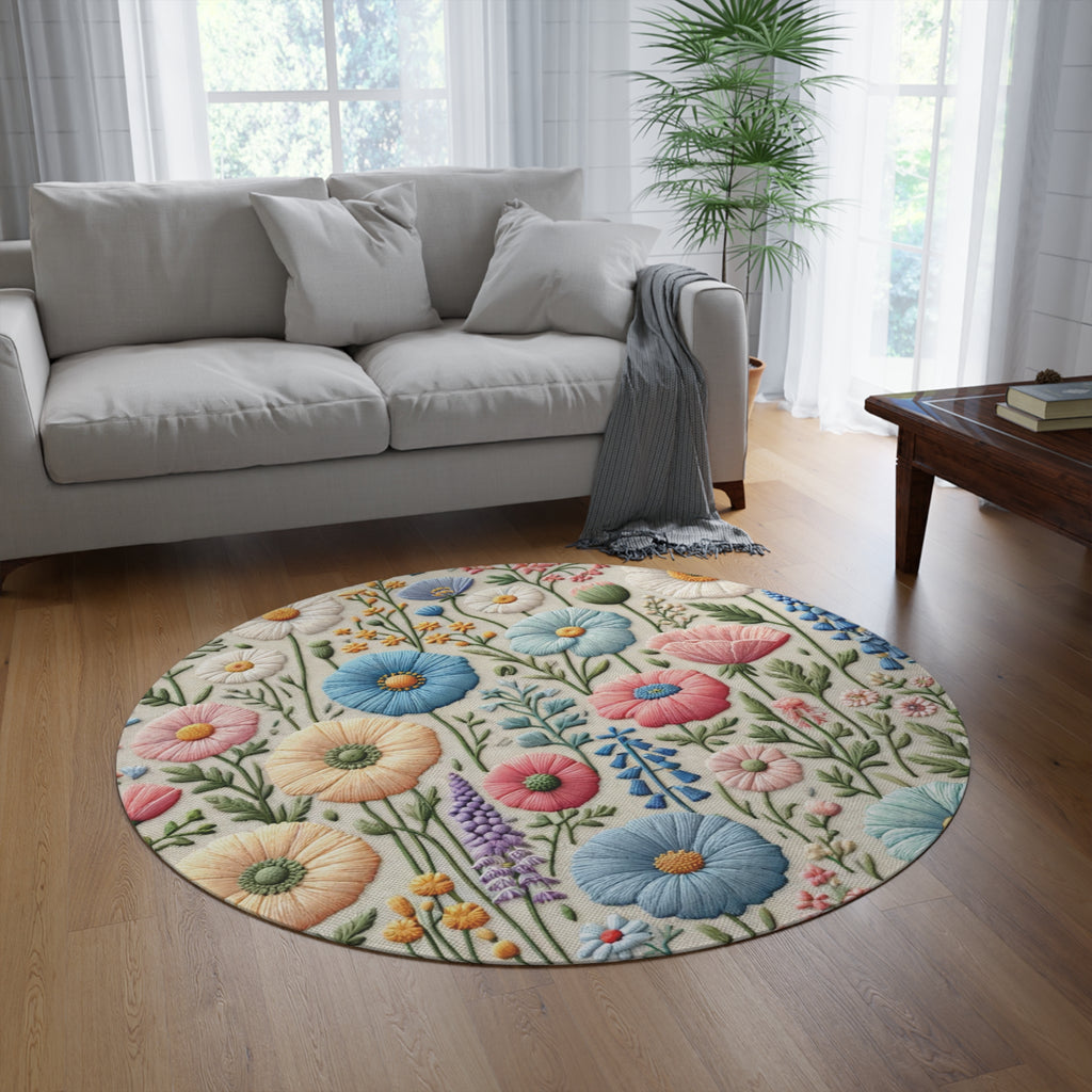New House Elegant Floral Symphony Round Rug Ideal for Bedrooms, Hallways, and Home Offices Featuring Luxurious Design interior Livingroom.