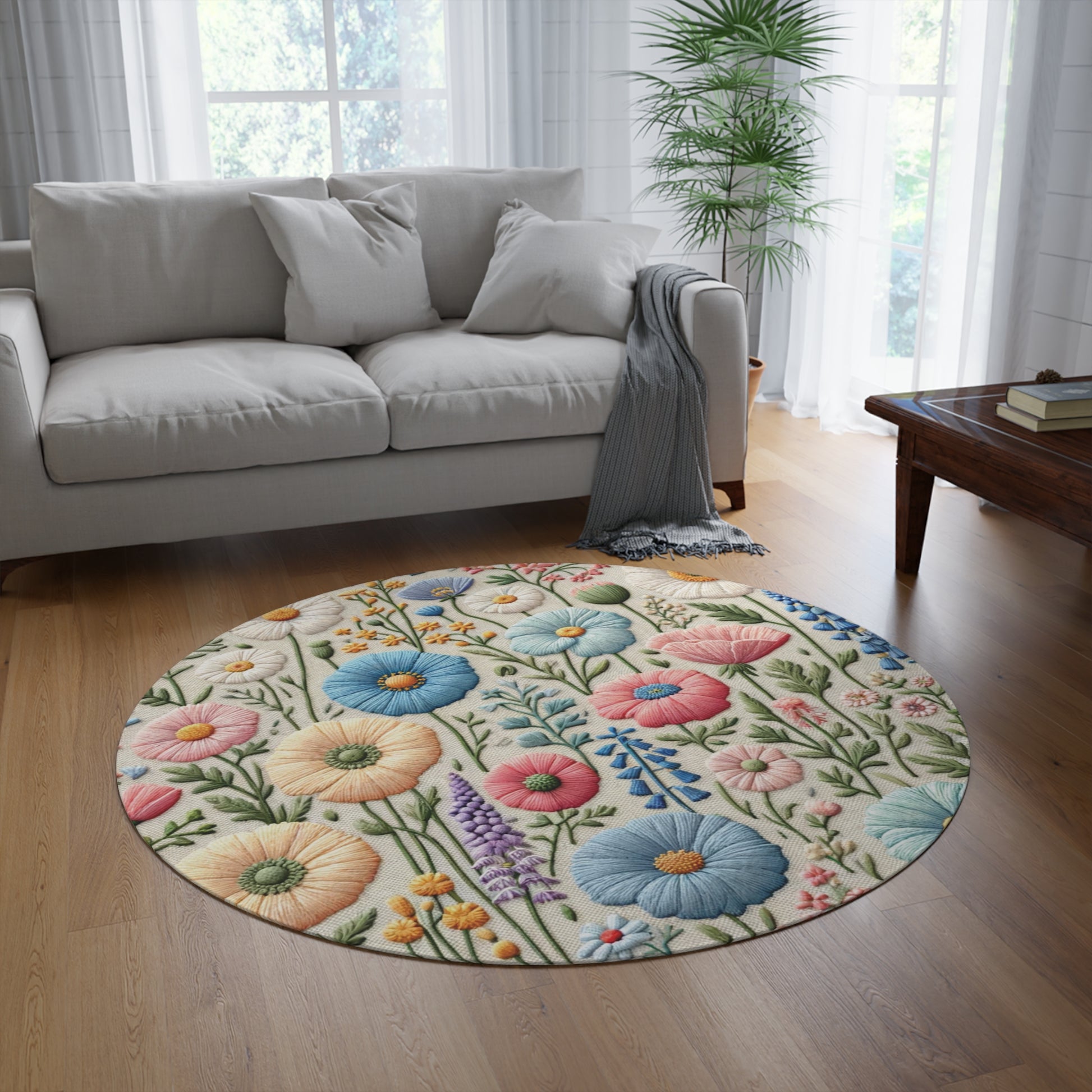 New House Elegant Floral Symphony Round Rug Ideal for Bedrooms, Hallways, and Home Offices Featuring Luxurious Design interior Livingroom.