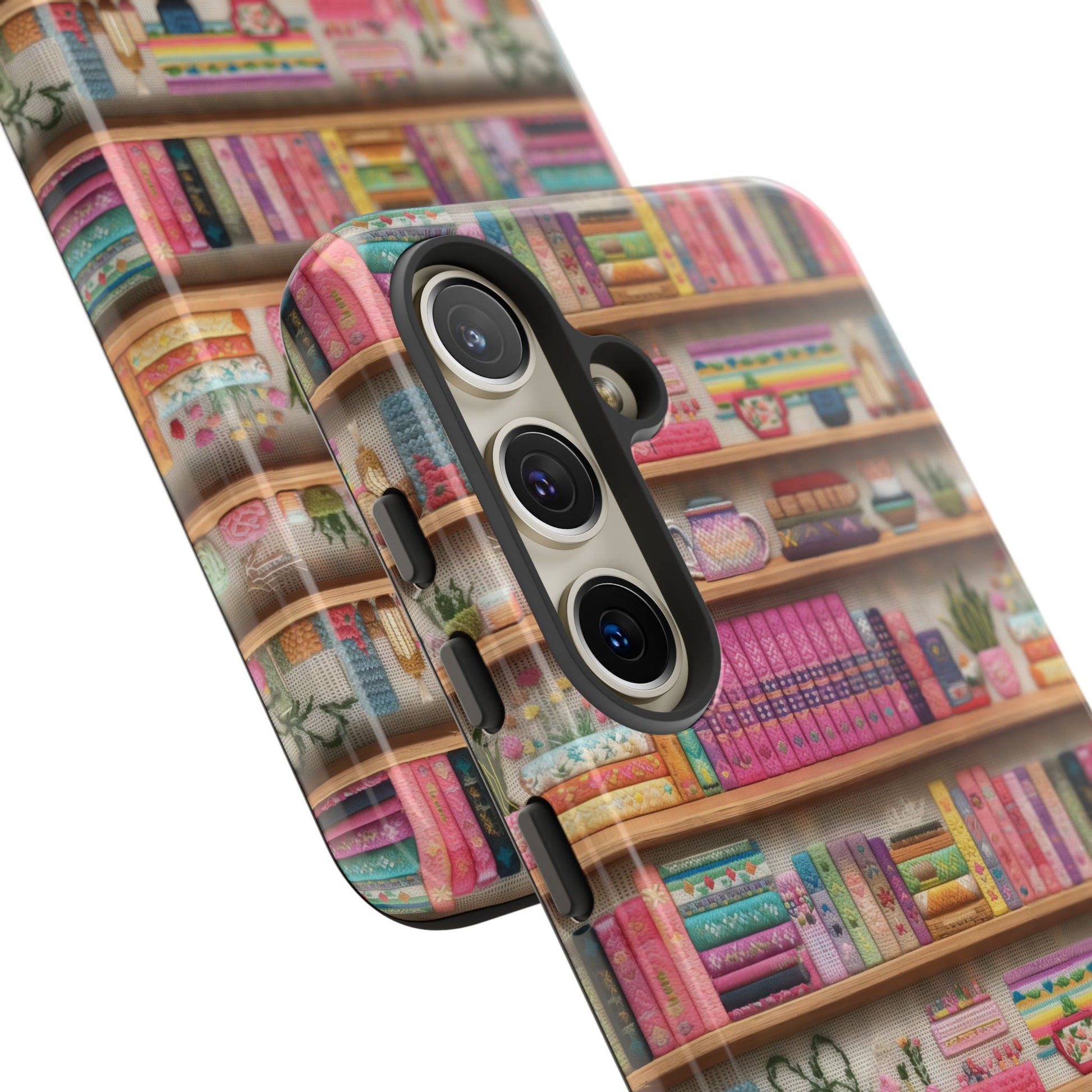 Whimsical 3D Embroidery Illusion Books on Pastel Shelves Phone Case for iPhone, Samsung & Pixel: Unique Accessory for Literary Enthusiasts Gift for Her Perfect for Floral Lover