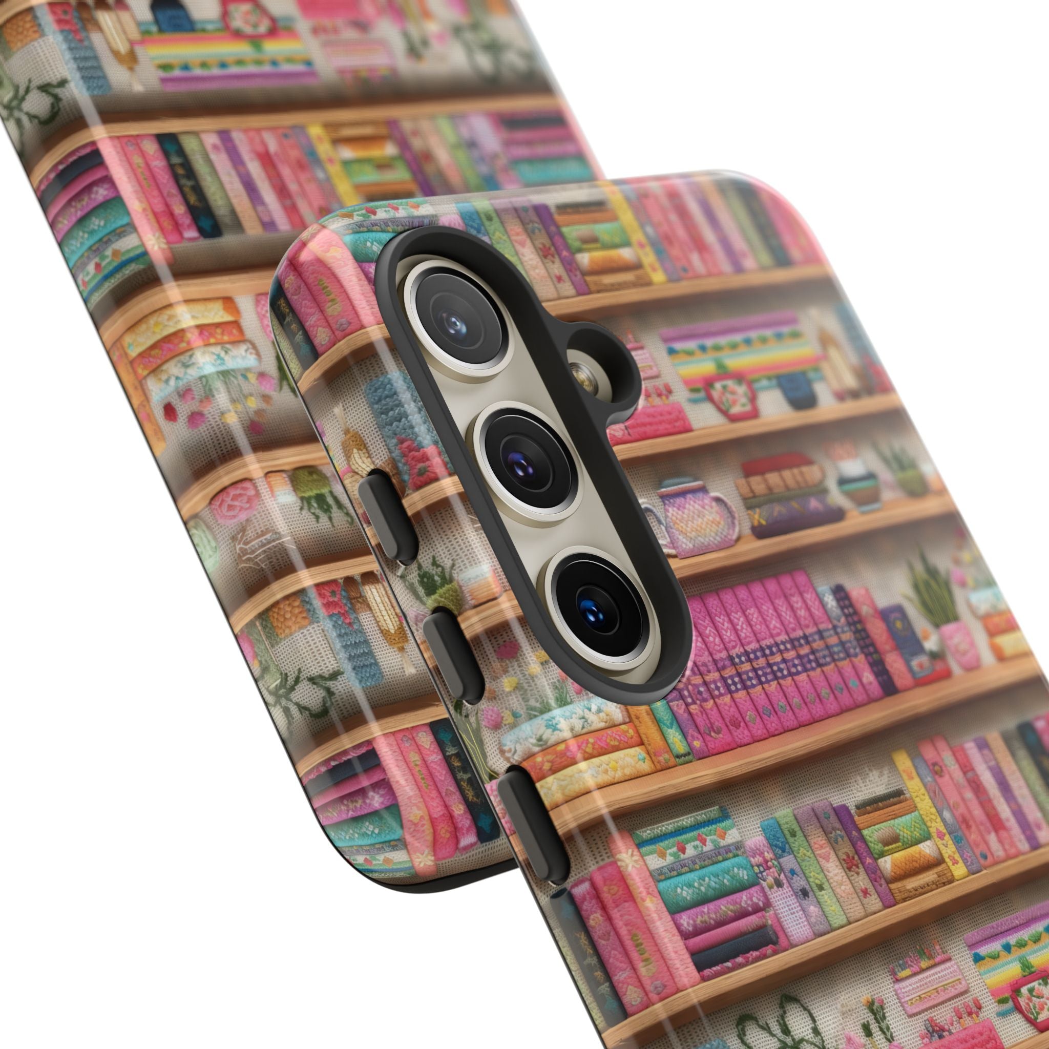 Whimsical 3D Embroidery Illusion Books on Pastel Shelves Phone Case for iPhone, Samsung & Pixel: Unique Accessory for Literary Enthusiasts Gift for Her Perfect for Floral Lover