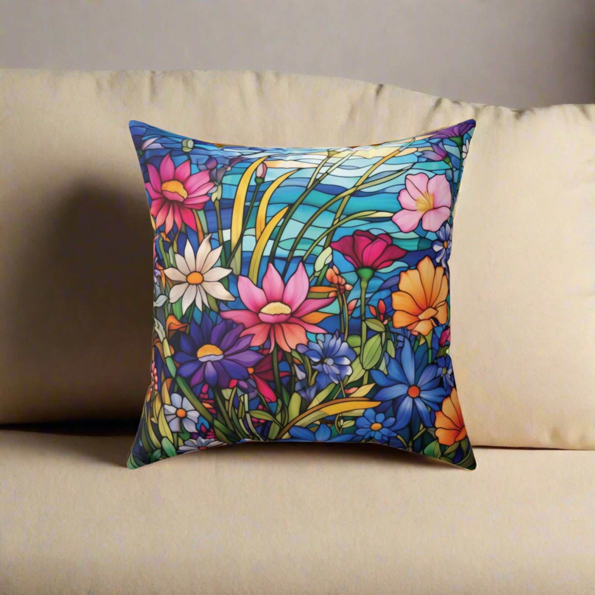 Wildflowers Stain Glass Illusion Decorative Pillow - Retro Christmas Design Square Decorative Pillow  Accent Home Decor | Premium Quality, Soft, and Durable | Perfect for Couch, Bed, or Chair | Elegant Bedrooms Pillow Gift New House, Bridal Shower Gift - MRSBYVALLE