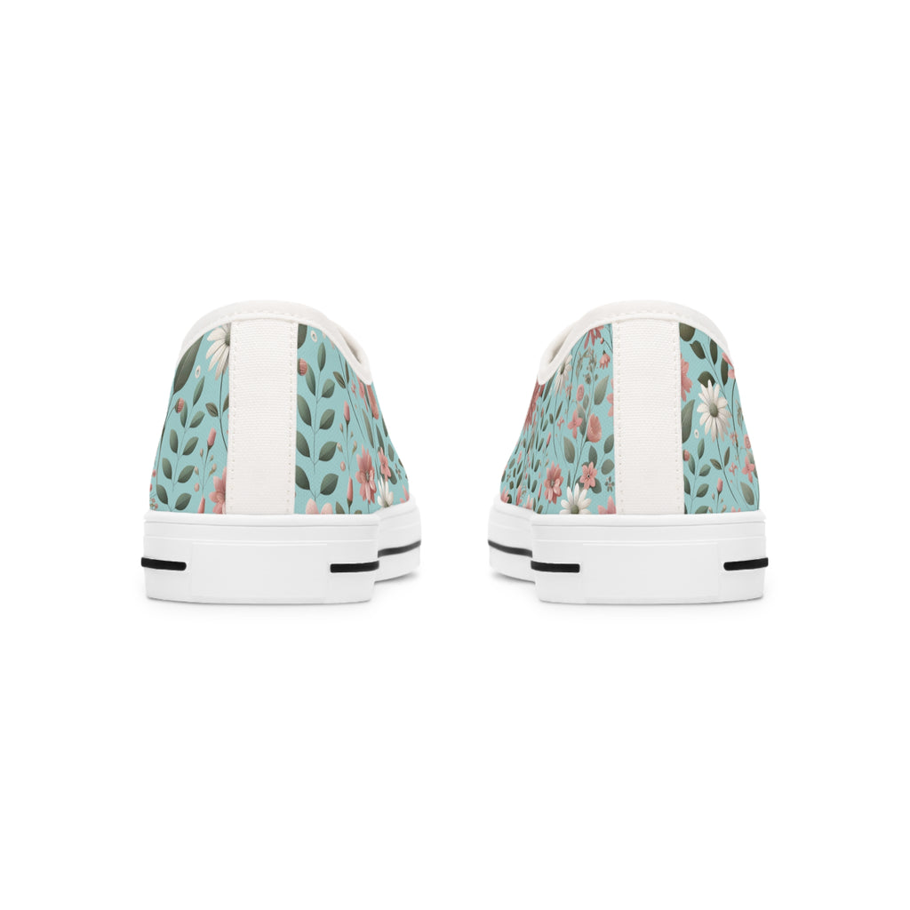 Aqua and Pink Floral Women's Low Top Sneakers Breathable Polyester Canvas, Lightweight Stylish Floral Pastel Design, Comfortable All-Day Wear, Perfect for Walking and Everyday Activities - MRSBYVALLE