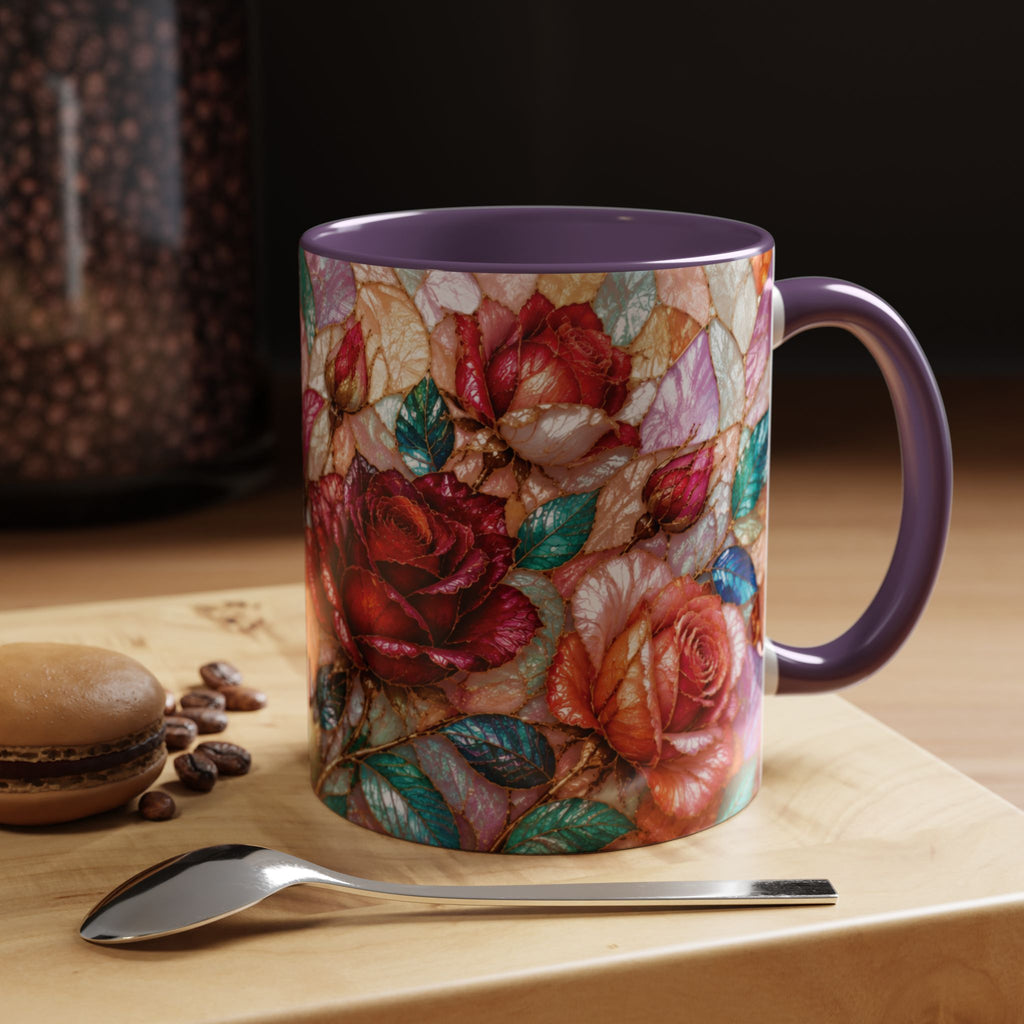 Floral Stained-Glass Accent Coffee Mug Colorful Rose Pattern (11/15 oz) Gift for Her