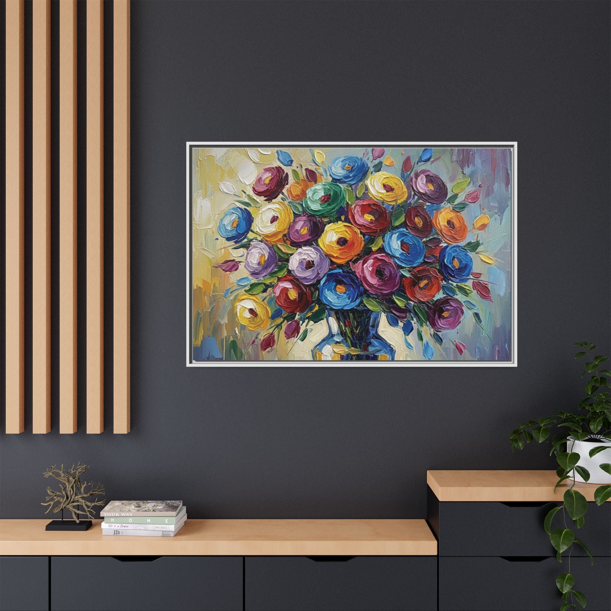 Impression sur toile bouquet floral aquarelle - Tableau mural encadré mat - Illusion de peinture à l'huile vibrante