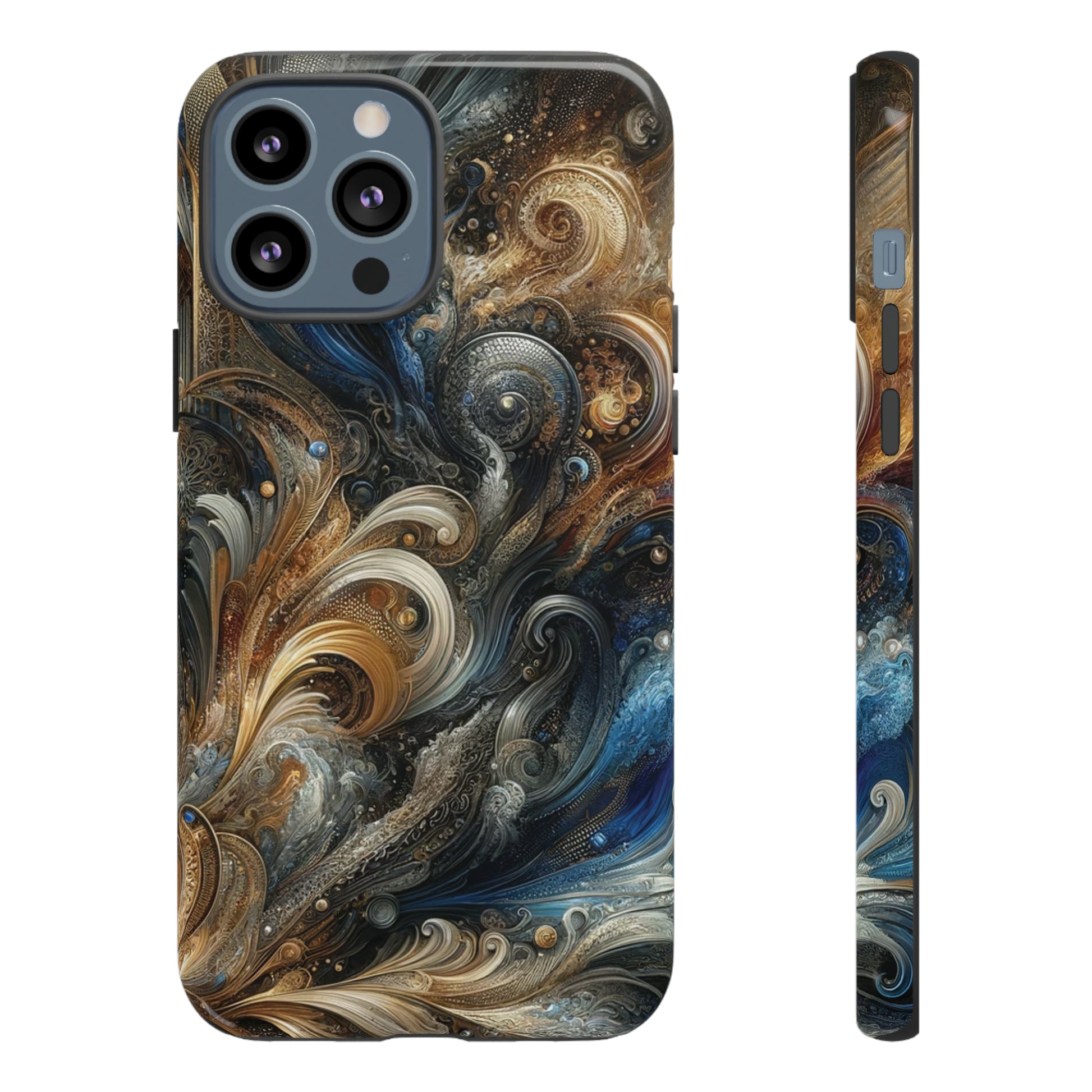 Gold and Navy Art Design Luxury Phone Tough Case Floral Elegant Durable Stylish for Modern Devices iPhone 15, Samsung iPhone Samsung Accessory Gift for Her.