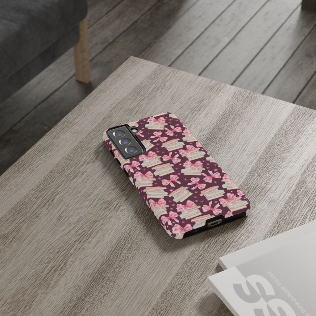 Coquette Pink Bows & Books Phone Case for iPhone 17 and Samsung, Pixel | Stylish Protective Cover Gift for Her Perfect for Floral Lover