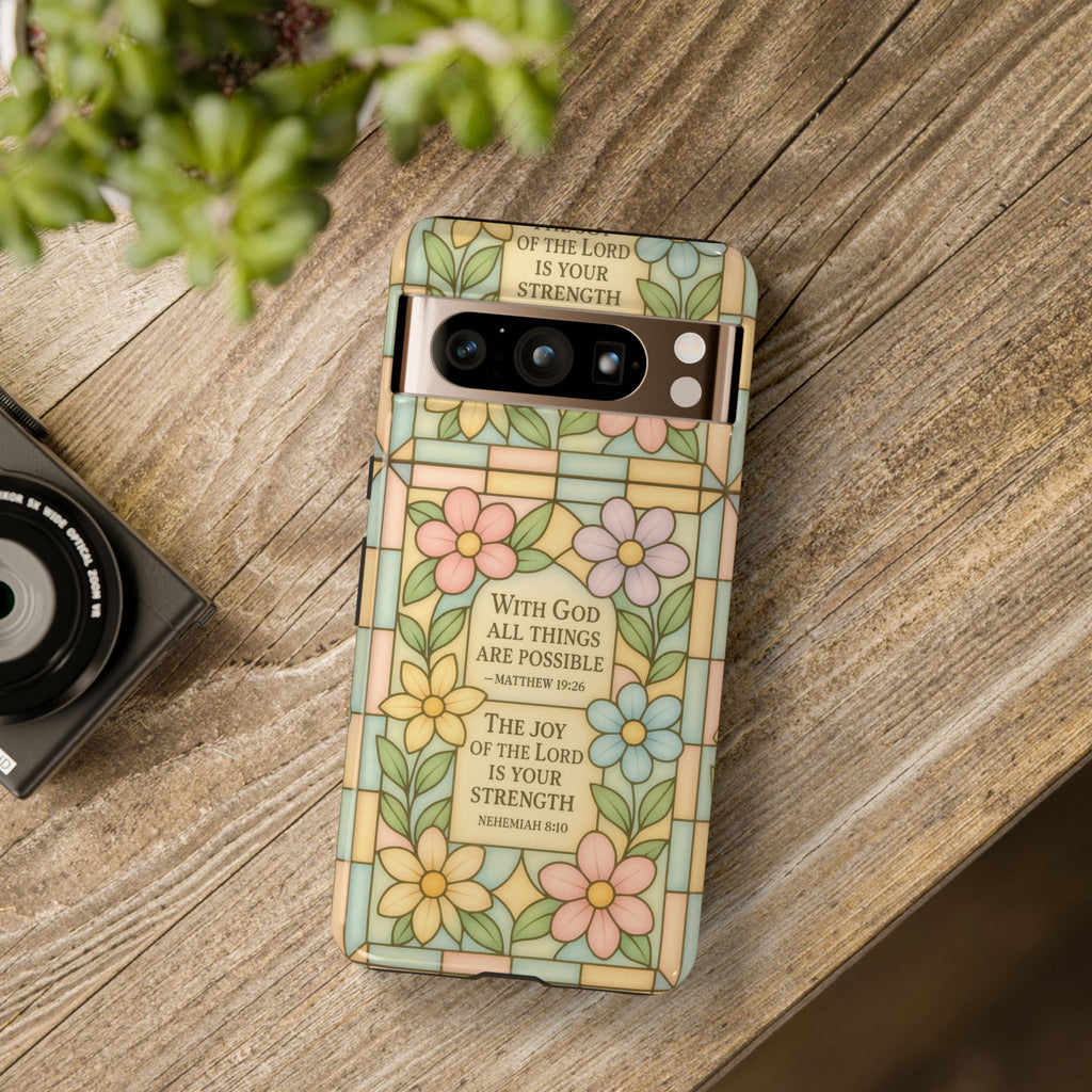Pastel Stained Glass Bible Verse Phone Case Christian Affirmation Cover, Soft Geometric Design, iPhone Samsung Google, Faith Gift for Her Bible Verse or Affirmation | Protective, Inspirational Gift for Christians