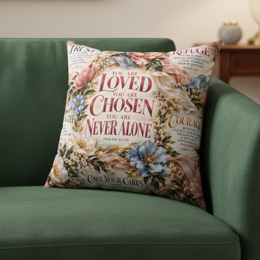 A square decorative throw pillow featuring a vintage-style floral print with religious text from Isaiah 45:10. The design includes soft pink, blue, and beige flowers on a cream background with red and dark brown typography reading 'YOU ARE LOVED YOU ARE CHOSEN YOU ARE NEVER ALONE'.