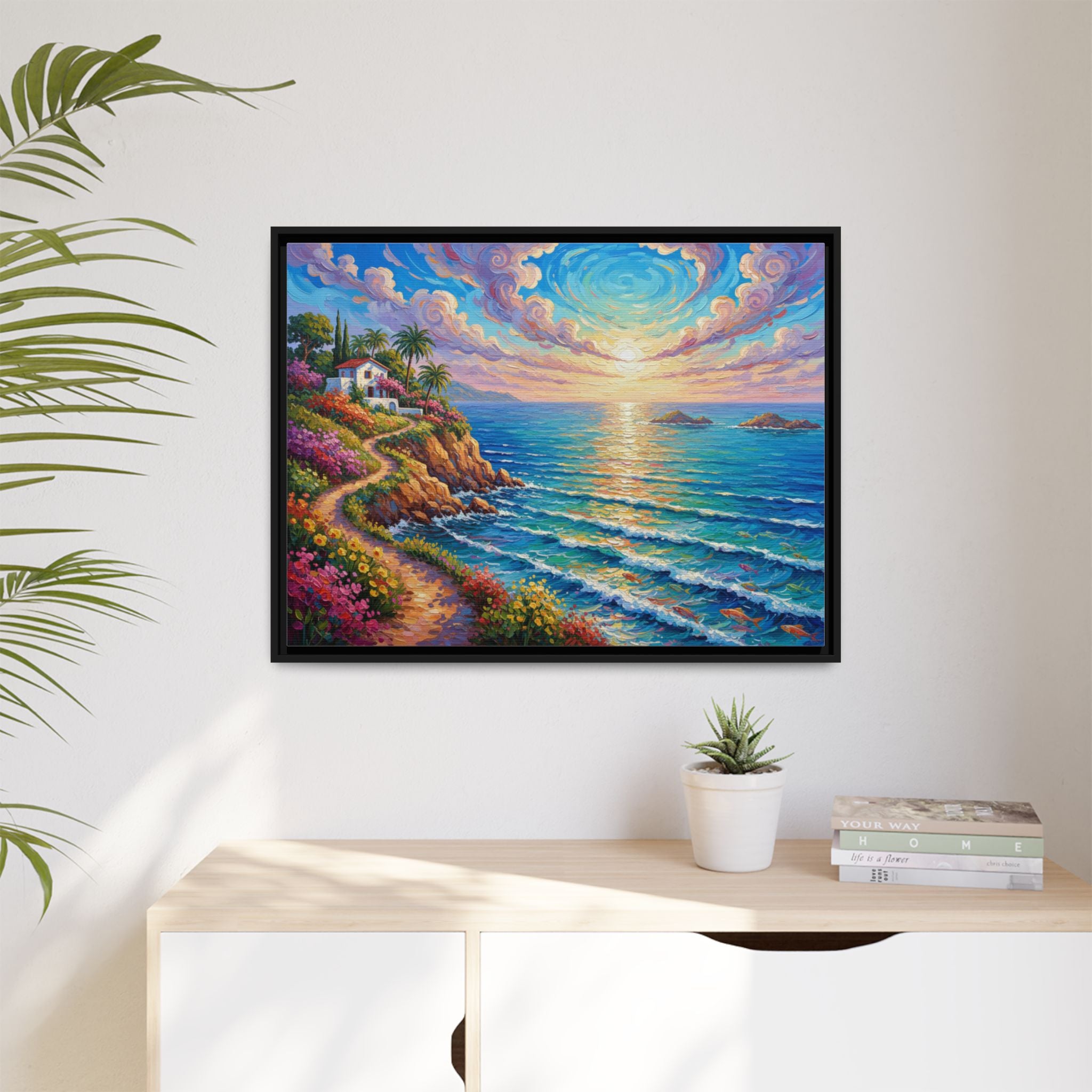 Toile imprimée florale océanique | Décoration murale colorée et lumineuse de paysage marin, œuvre d'art de bureau encadrée et mate