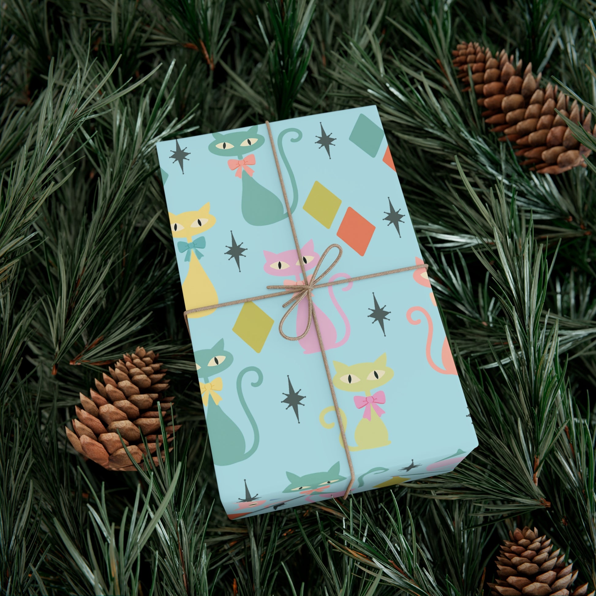 Atomic Cat Wrapping Paper, Retro Gift Wrap, Pastel Mid-Century Kitty Design, Vintage Holiday 30x20, 30x72, 30x144 Perfect for all Occasion