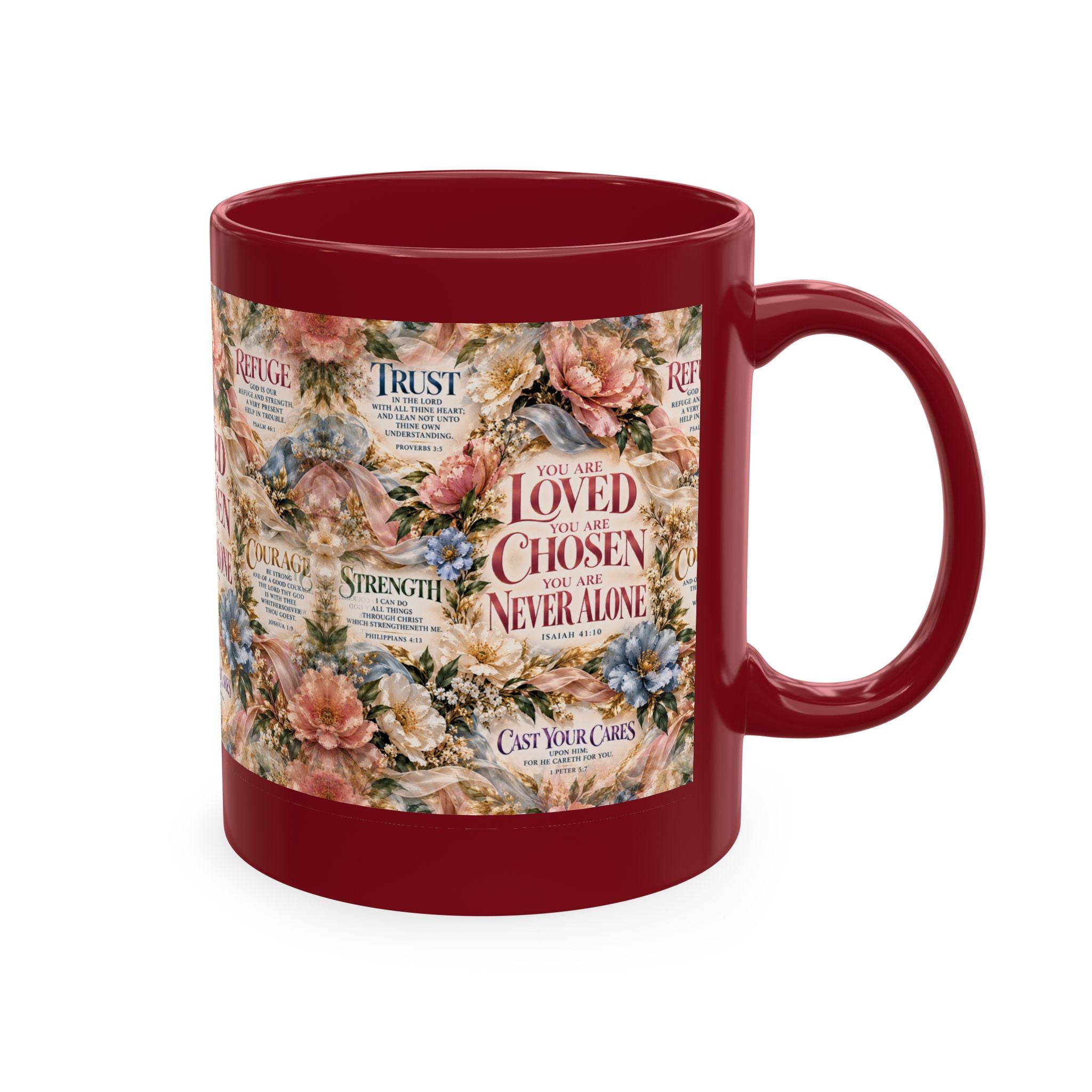 Loved Chosen Never Alone Coffee Mug | Christian Encouragement Gift for Her | Faith Floral Cup