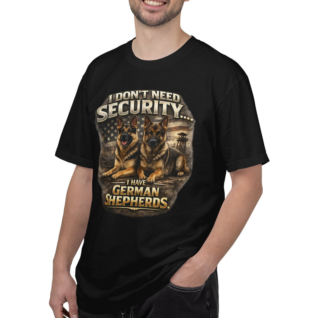 Man wearing a black t-shirt with a graphic design on a white background