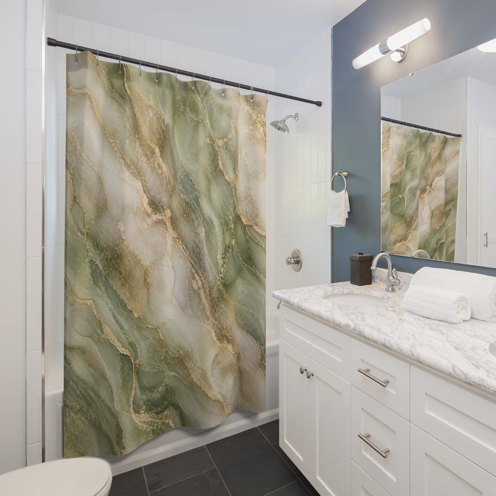 Elegant Green & Gold Marble Shower Curtain — Pastel Beige Veined Home Décor