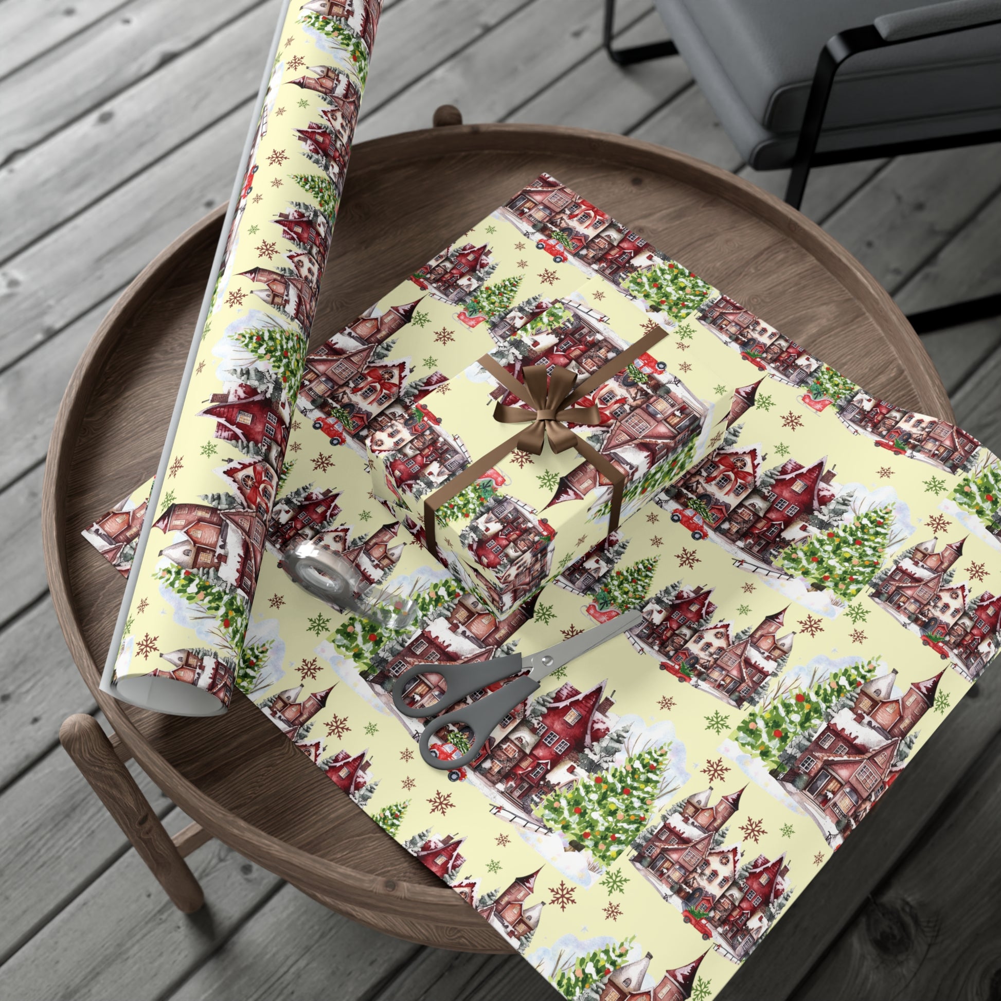 Christmas Village Wrapping Paper Whimsical Winter Wonderland with Pastel Trees, Snowflakes, and Festive Gifts Perfect for a Magical Holiday Season in Matte/Satin, All Occasion - MRSBYVALLE