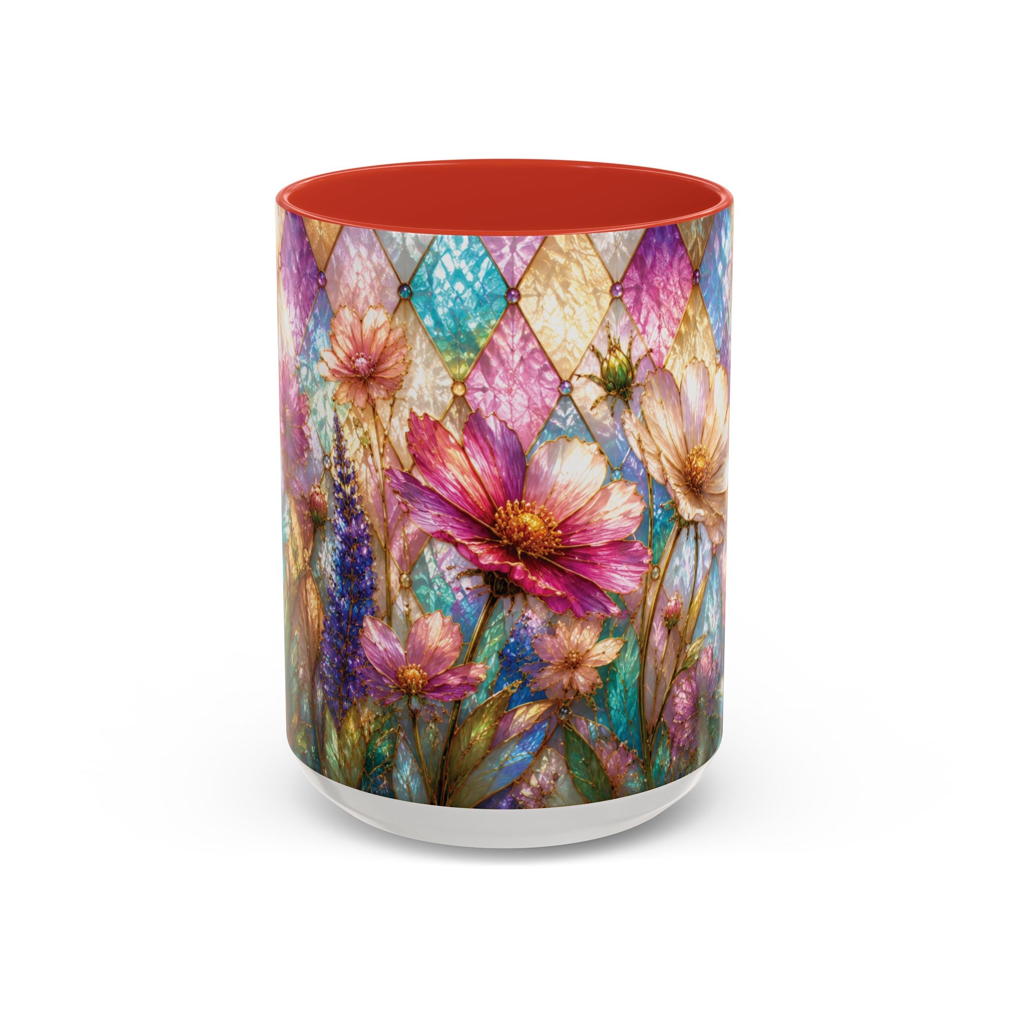 Floral Mosaic Accent Coffee Mug — Colorful Garden Flowers 11/15oz Stain Glass Illusion