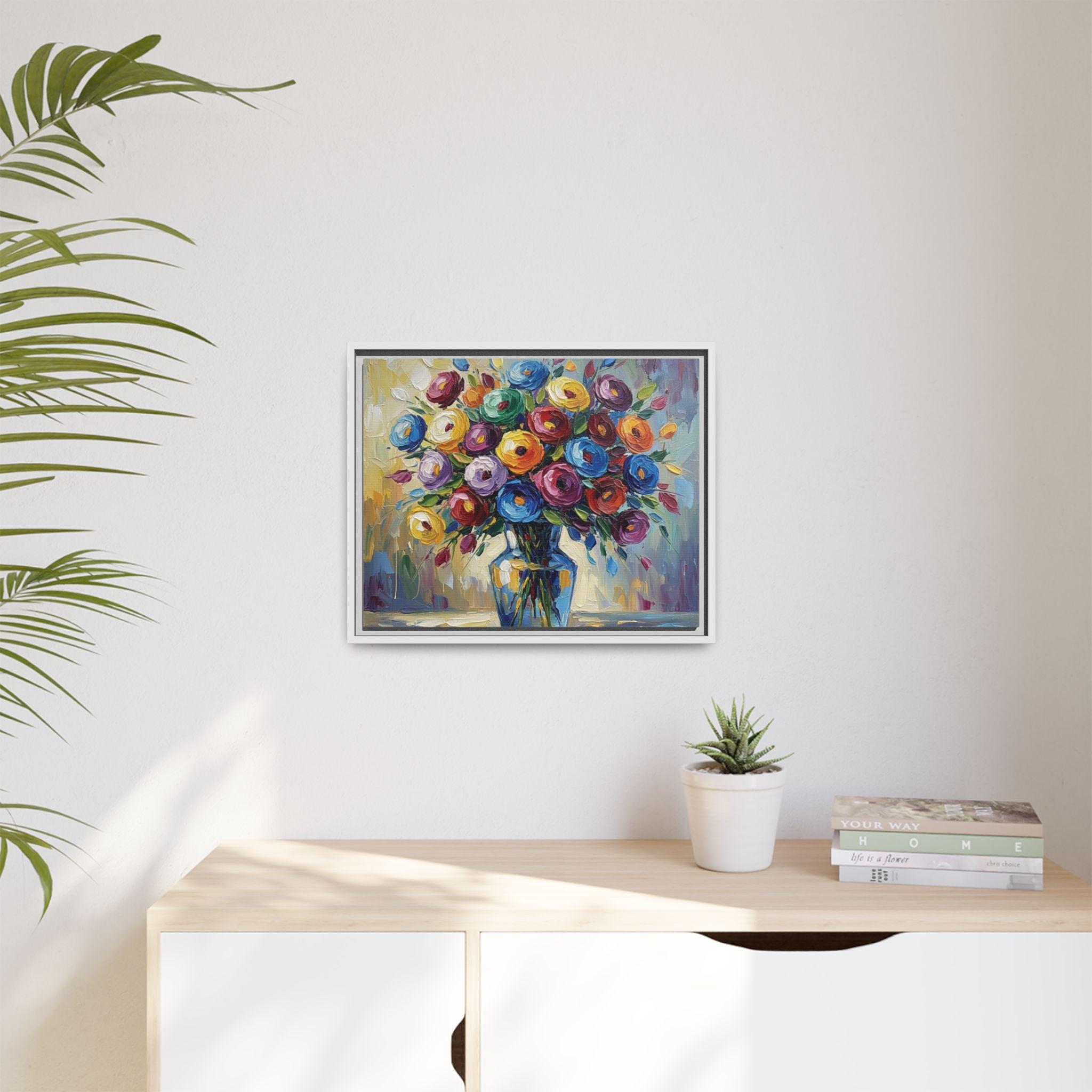 Impression sur toile bouquet floral aquarelle - Tableau mural encadré mat - Illusion de peinture à l'huile vibrante