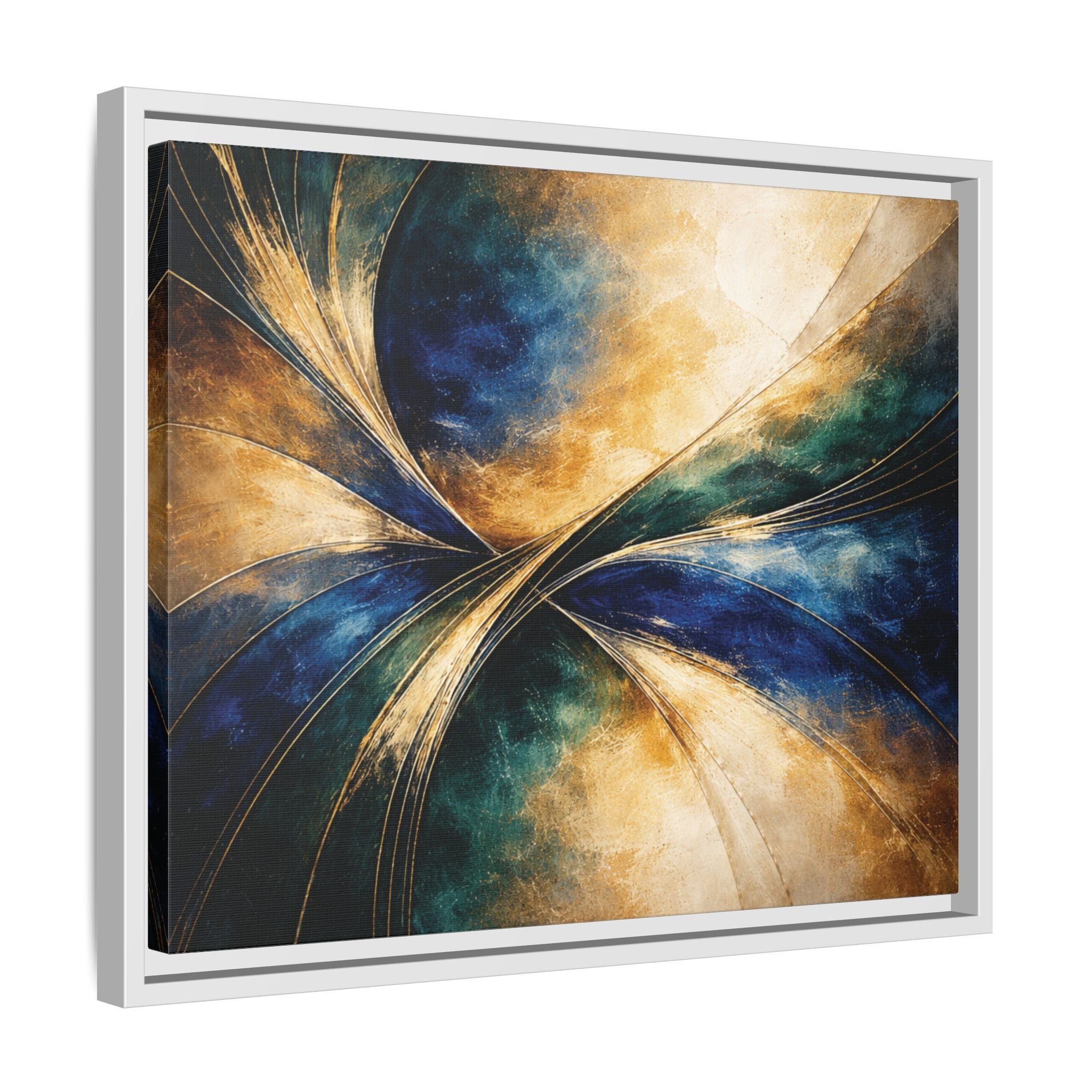 Gilded Convergence  Luxe NeoDeco Blue & Gold Abstract Wall Art Framed