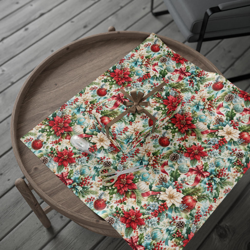Christmas Floral Holiday Wrapping Paper – Poinsettia & Ornament Gift Wrap for Her