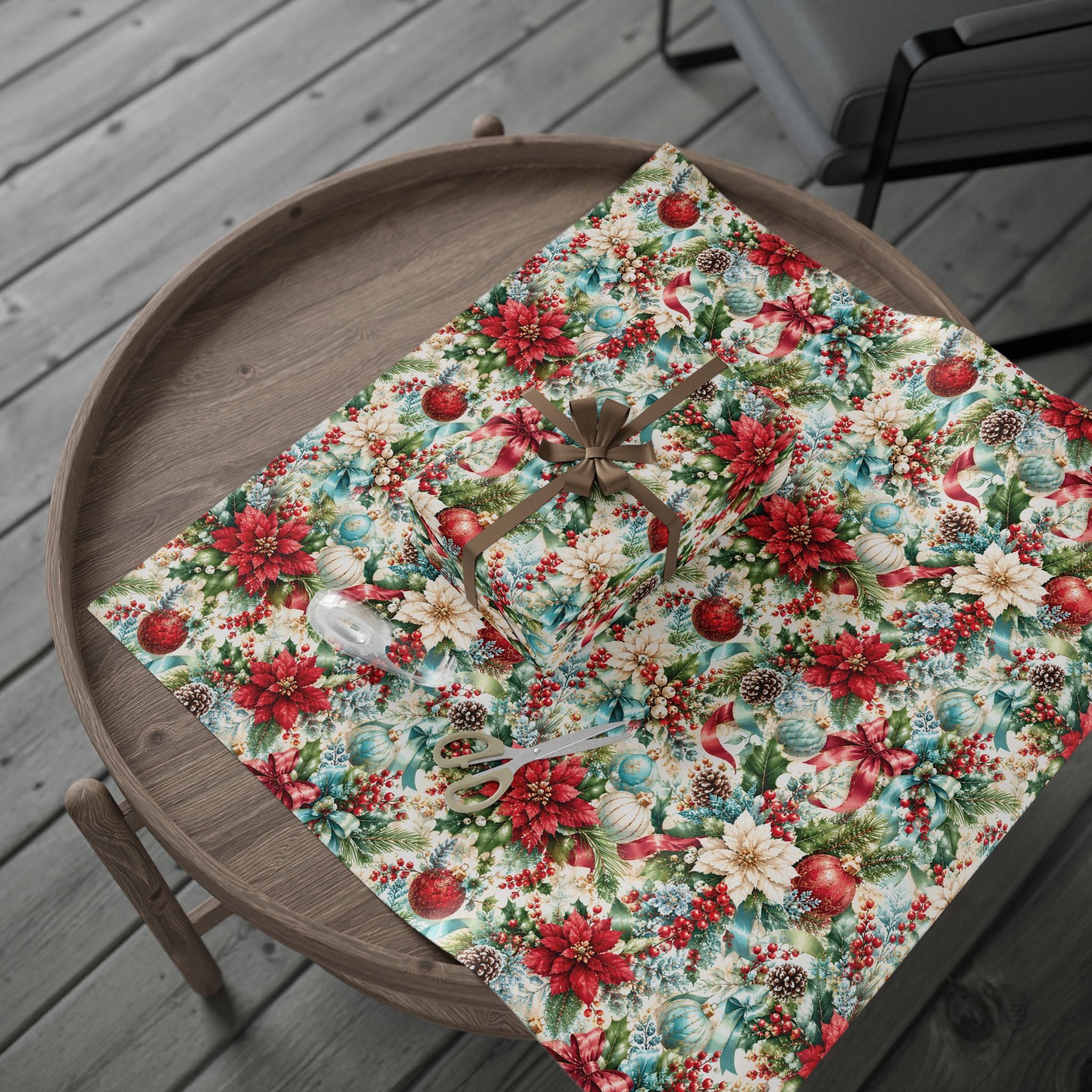 Christmas Floral Holiday Wrapping Paper – Poinsettia & Ornament Gift Wrap for Her