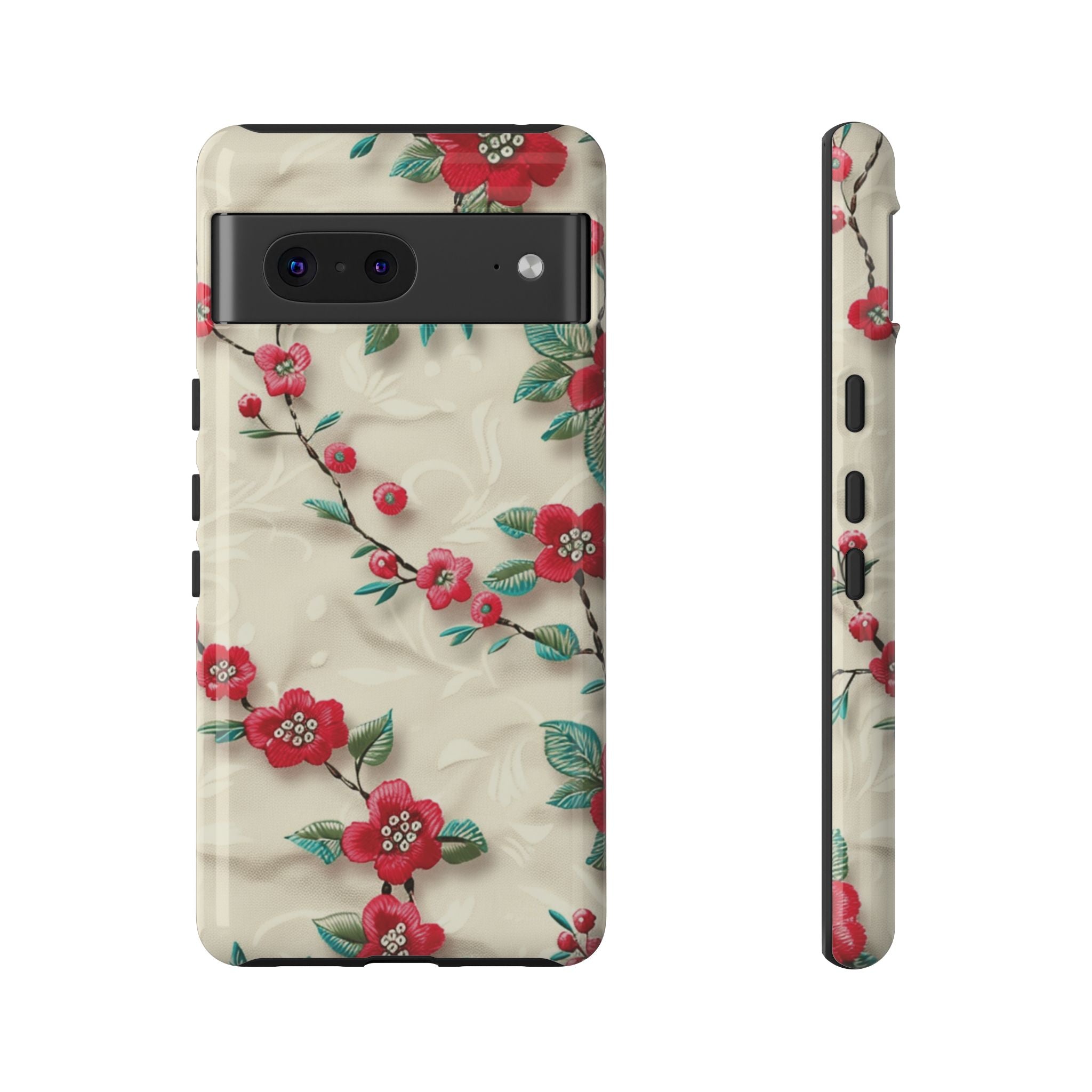 3D Embroidery Illusion Red Flowers Phone Case for iPhone, Samsung Pixel Artistic Floral Protection 15 14 13 12, 21 23 Gift for Her Perfect for Floral Lover