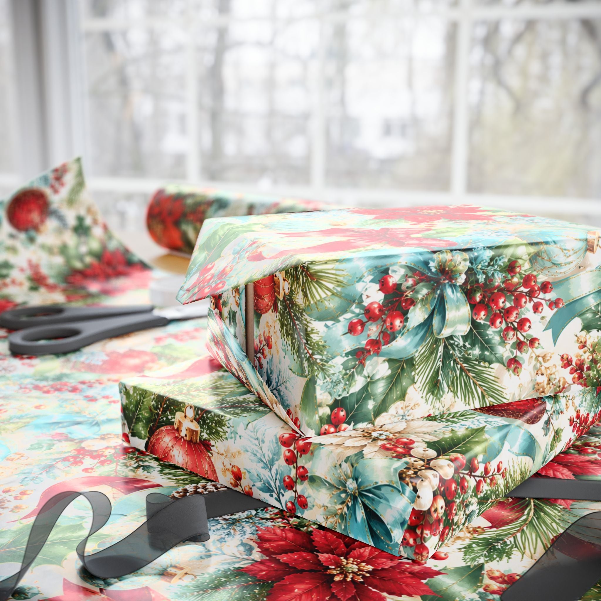 Christmas Floral Holiday Wrapping Paper – Poinsettia & Ornament Gift Wrap for Her
