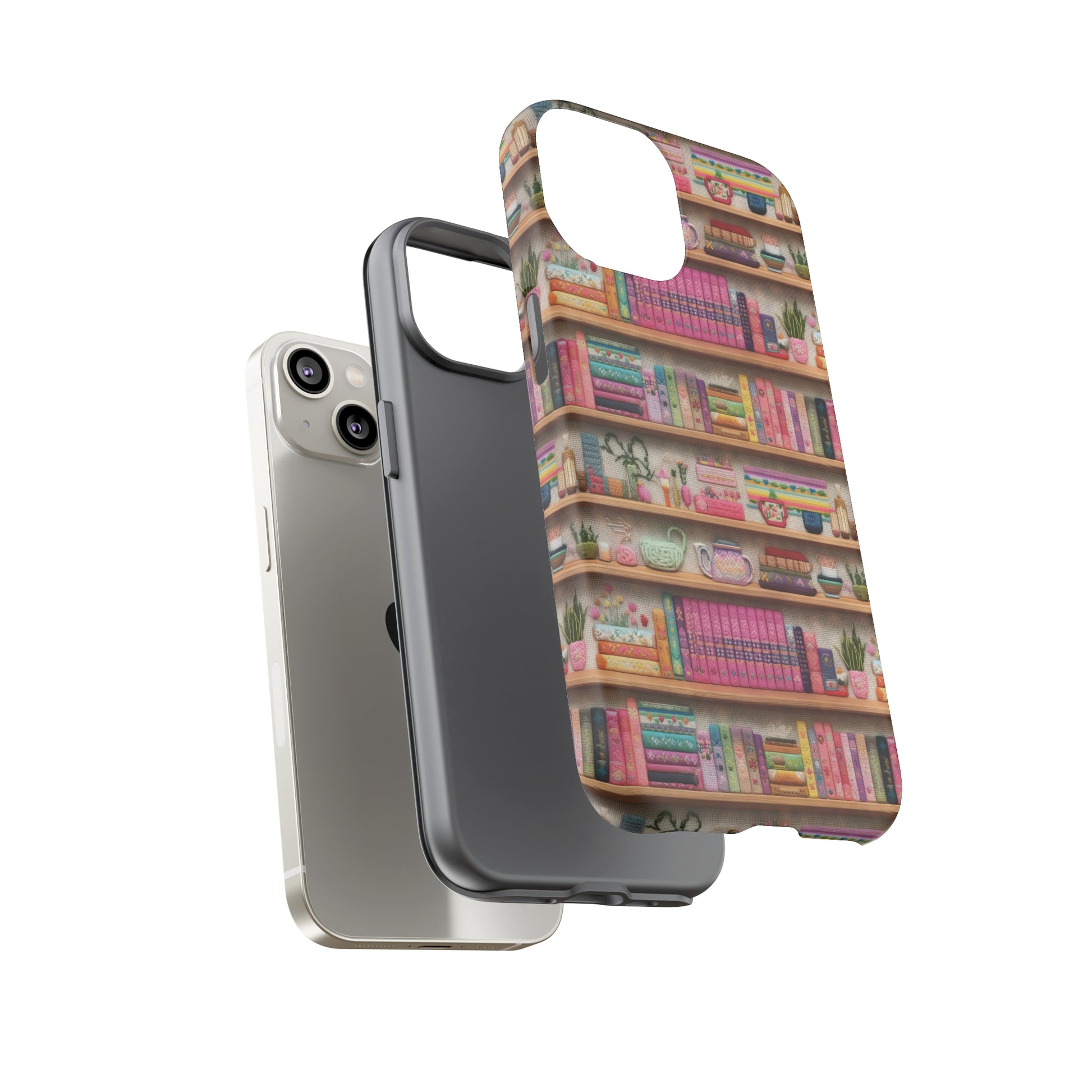 Phone Case 3D Illusion Books & Shelf Embroidery Design with Vibrant Colors Gift for Her Phone 15, Samsung iPhone Samsung Gift for Her Case iPhone 15, Samsung iPhone Samsung Accessory Gift for Her.