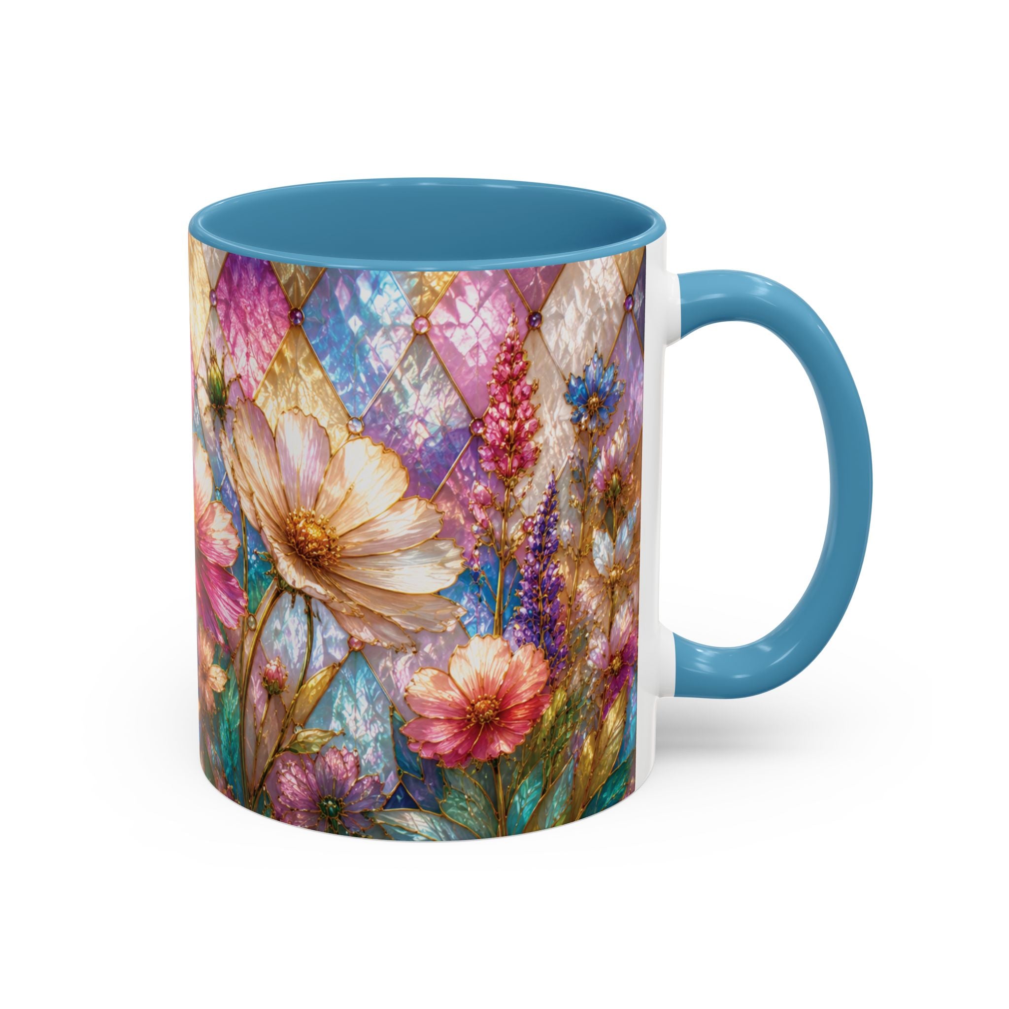 Floral Mosaic Accent Coffee Mug — Colorful Garden Flowers 11/15oz Stain Glass Illusion