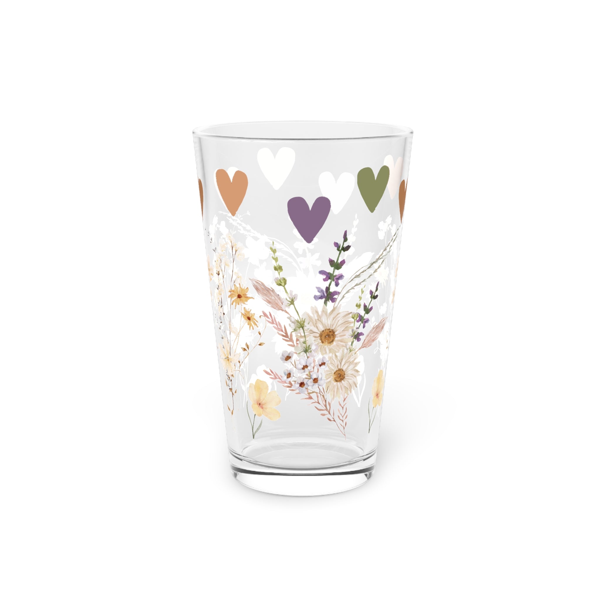 Boho Wildflowers & Hearts 16oz Pint Glass – Floral Aesthetic Glassware for Water, Juice & More | Stylish & Unique Gift for Nature & Boho Lovers