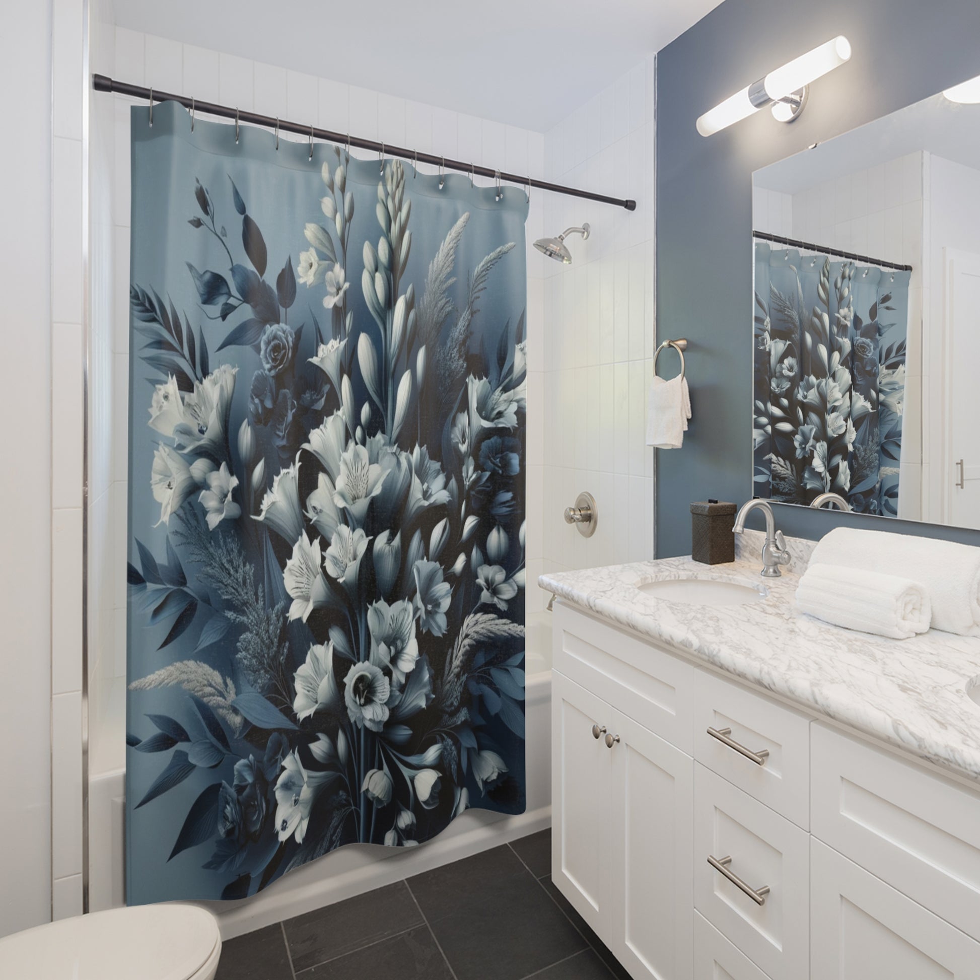 Navy Shower Curtain 3D Floral Illusion Shower Curtain Elegant Modern Bathroom Decor, Luxurious Home Bathroom Decor Perfect Home 71x74 Housewarming New House Gift Newlywed Wedding Gift.