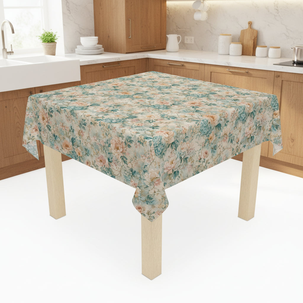 A square floral tablecloth with a vintage-style print in teal, beige, and peach tones, draped over a table with light wood legs on a white background.