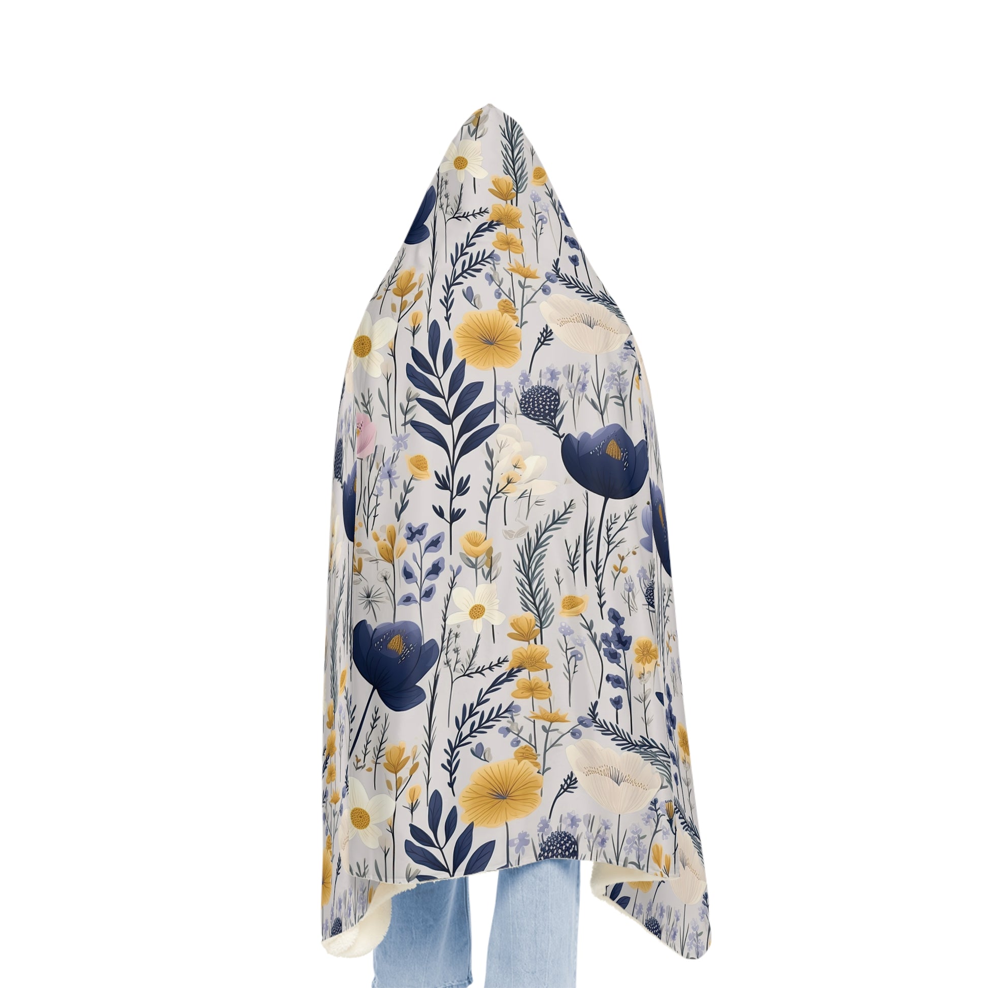 Blue & Yellow Floral Hooded Blanket – 3D Illusion Cozy Throw, Soft Sherpa Gift for Her, Warm Winter Blanket for Couch or Bed Gift Idea