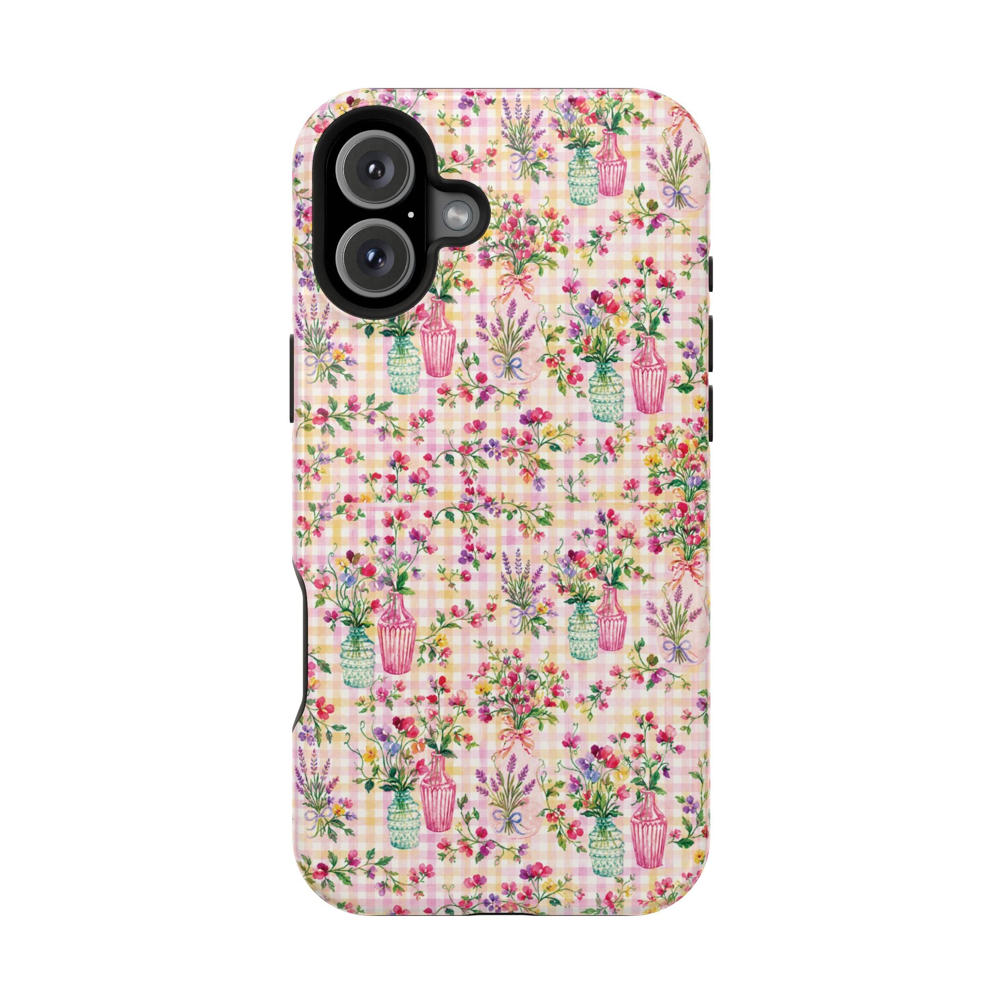 Turquoise & Pink Floral Checker Phone Case — Magnetic Impact-Resistant
