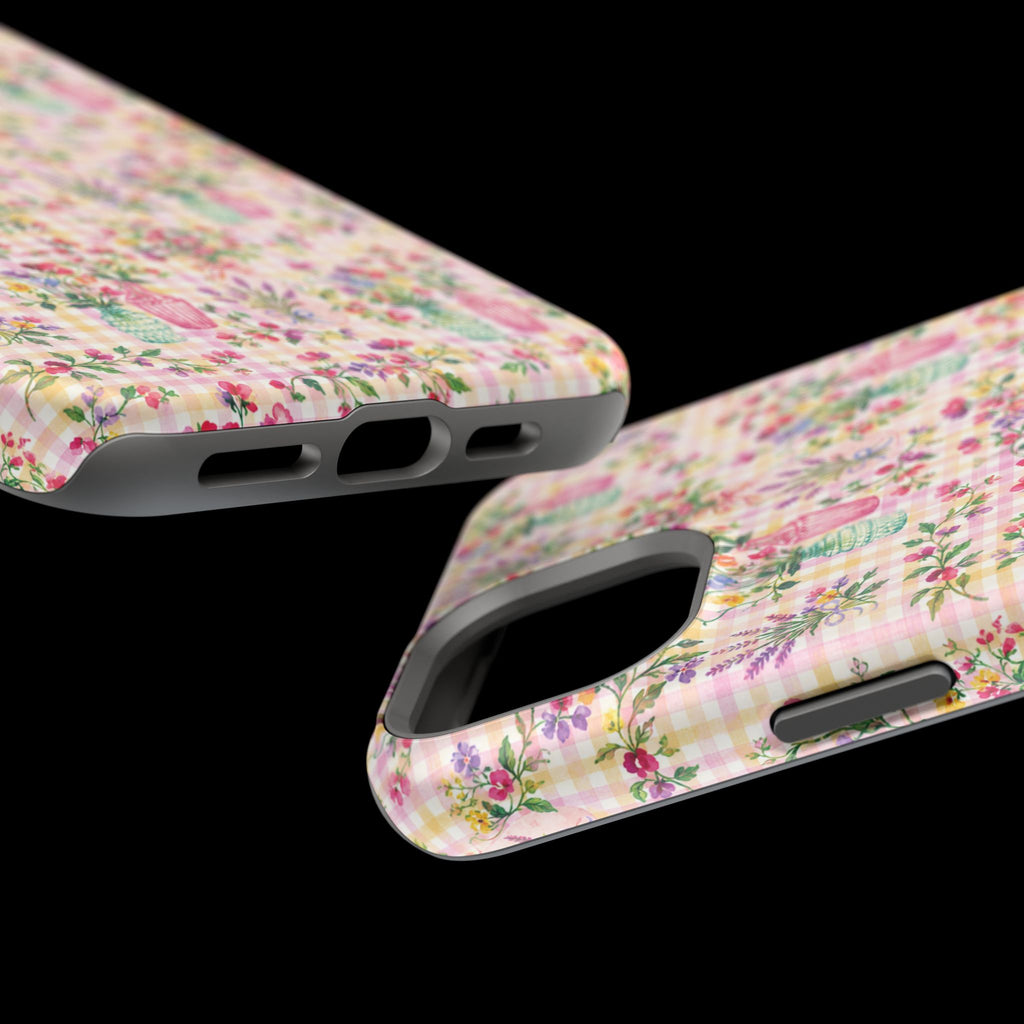 Turquoise & Pink Floral Checker Phone Case — Magnetic Impact-Resistant