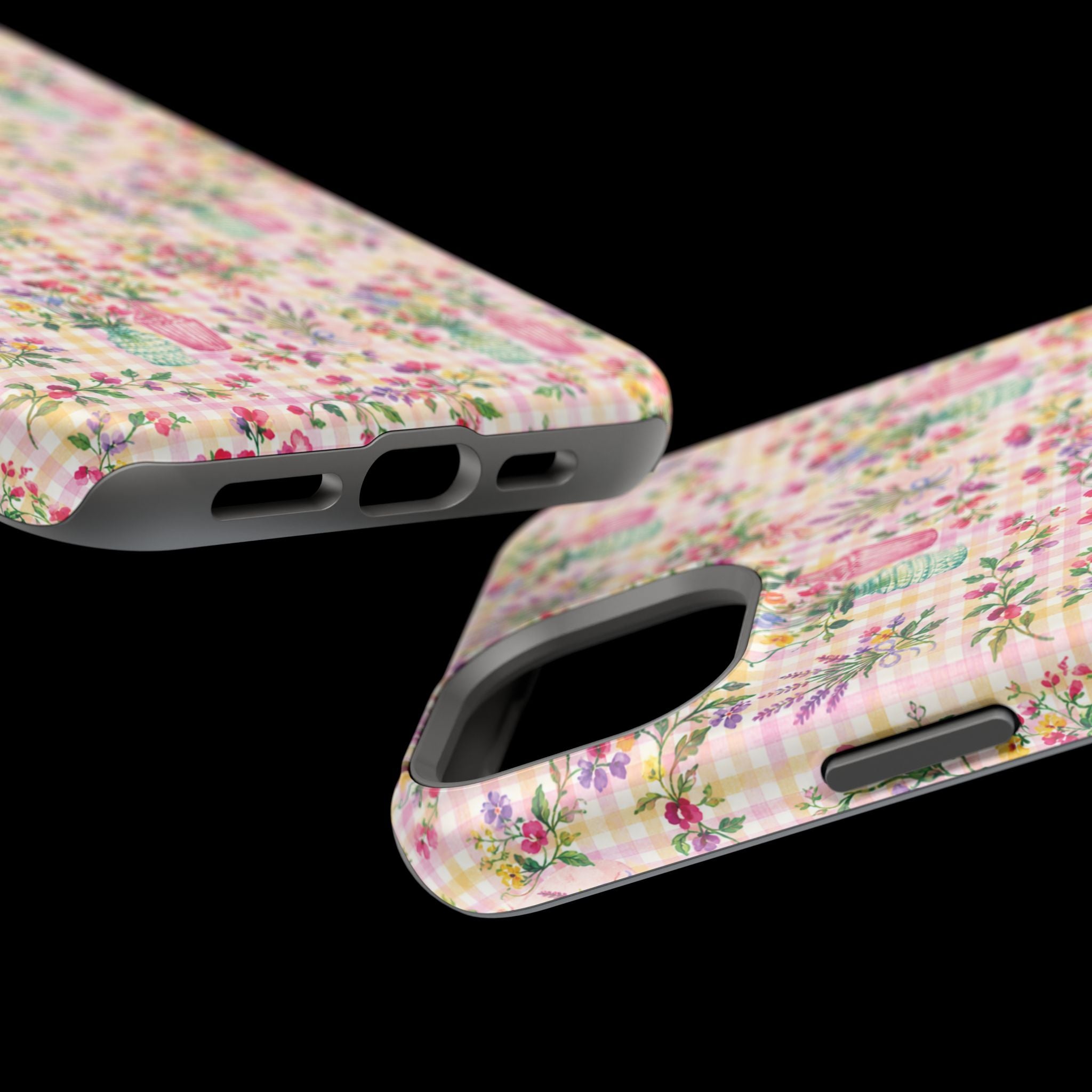 Turquoise & Pink Floral Checker Phone Case — Magnetic Impact-Resistant