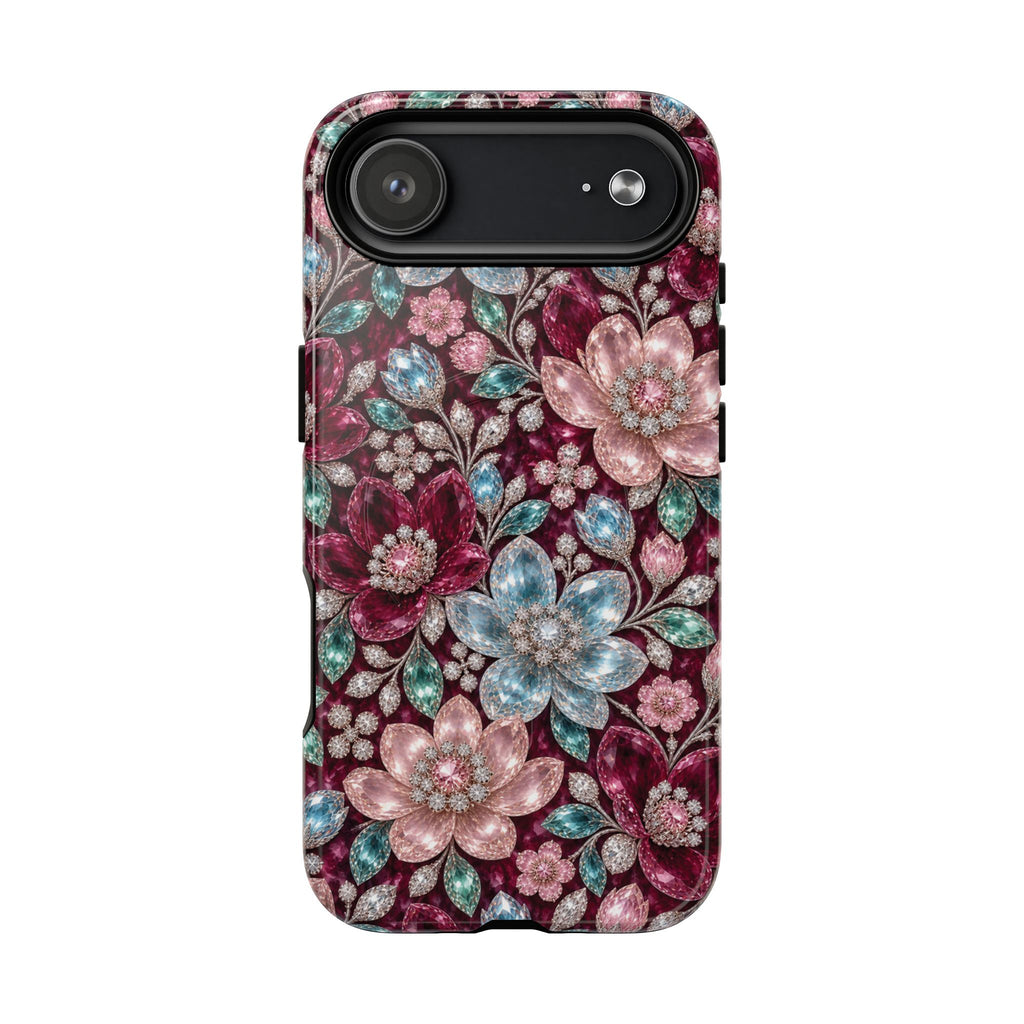 Floral faux Jewel Phone Case Sparkling Burgundy Flower Tough Magnetic Case 18 iPhone