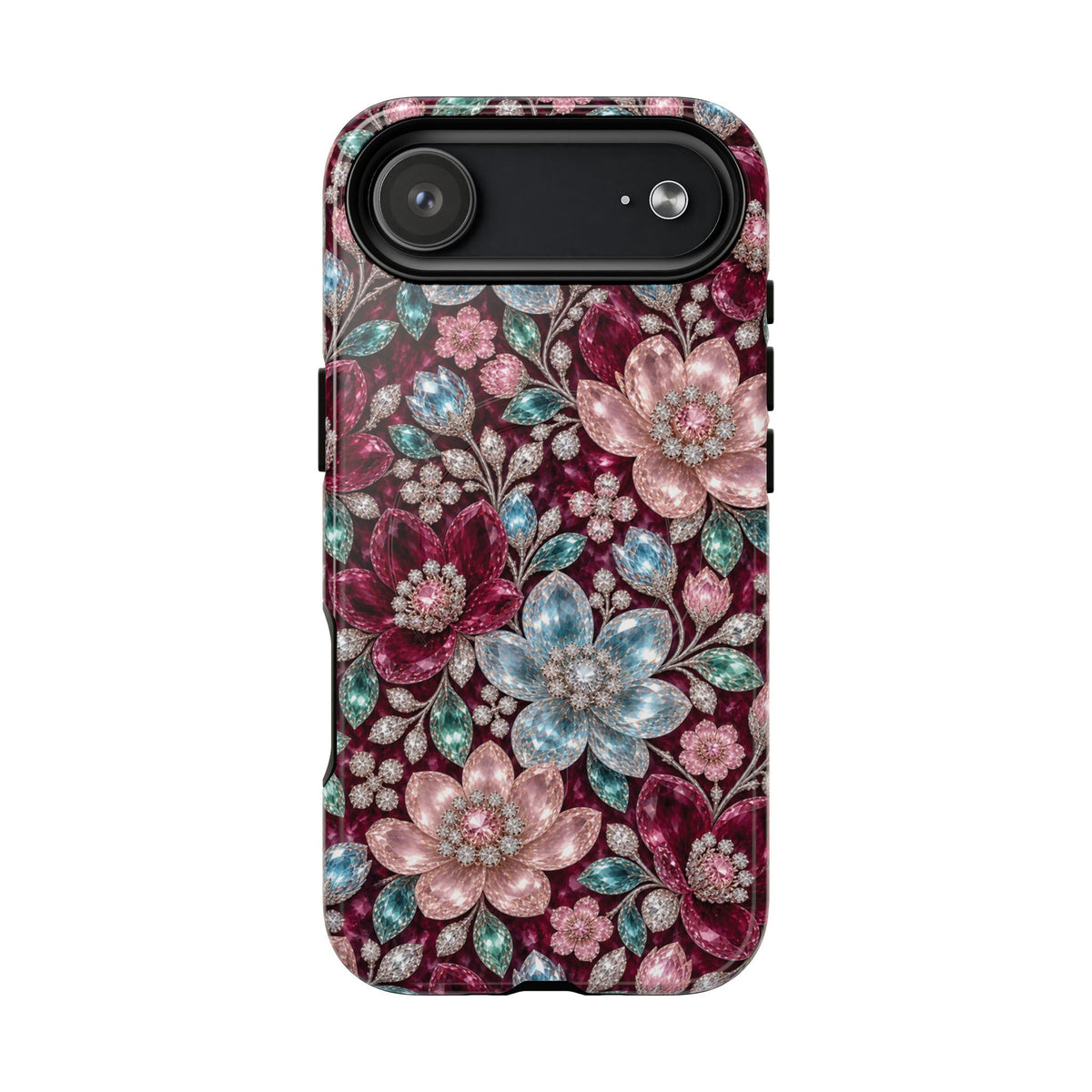 Floral faux Jewel Phone Case Sparkling Burgundy Flower Tough Magnetic Case 18 iPhone