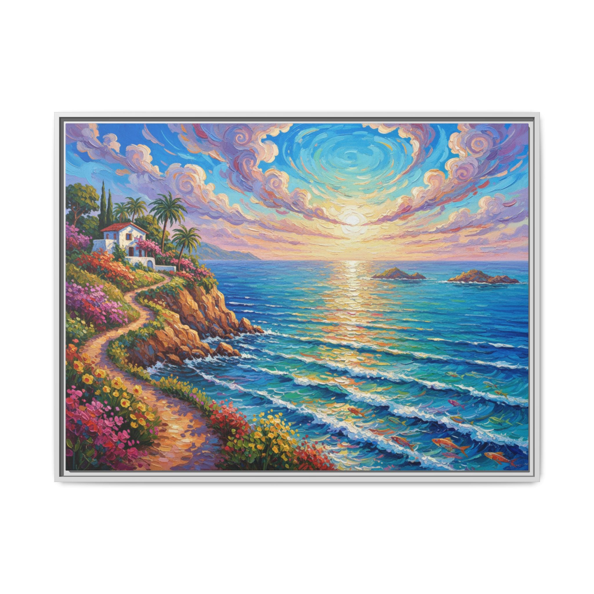 Ocean Floral Print Canvas | Bright Colorful Seascape Wall Art, Framed Matte Office Art Work