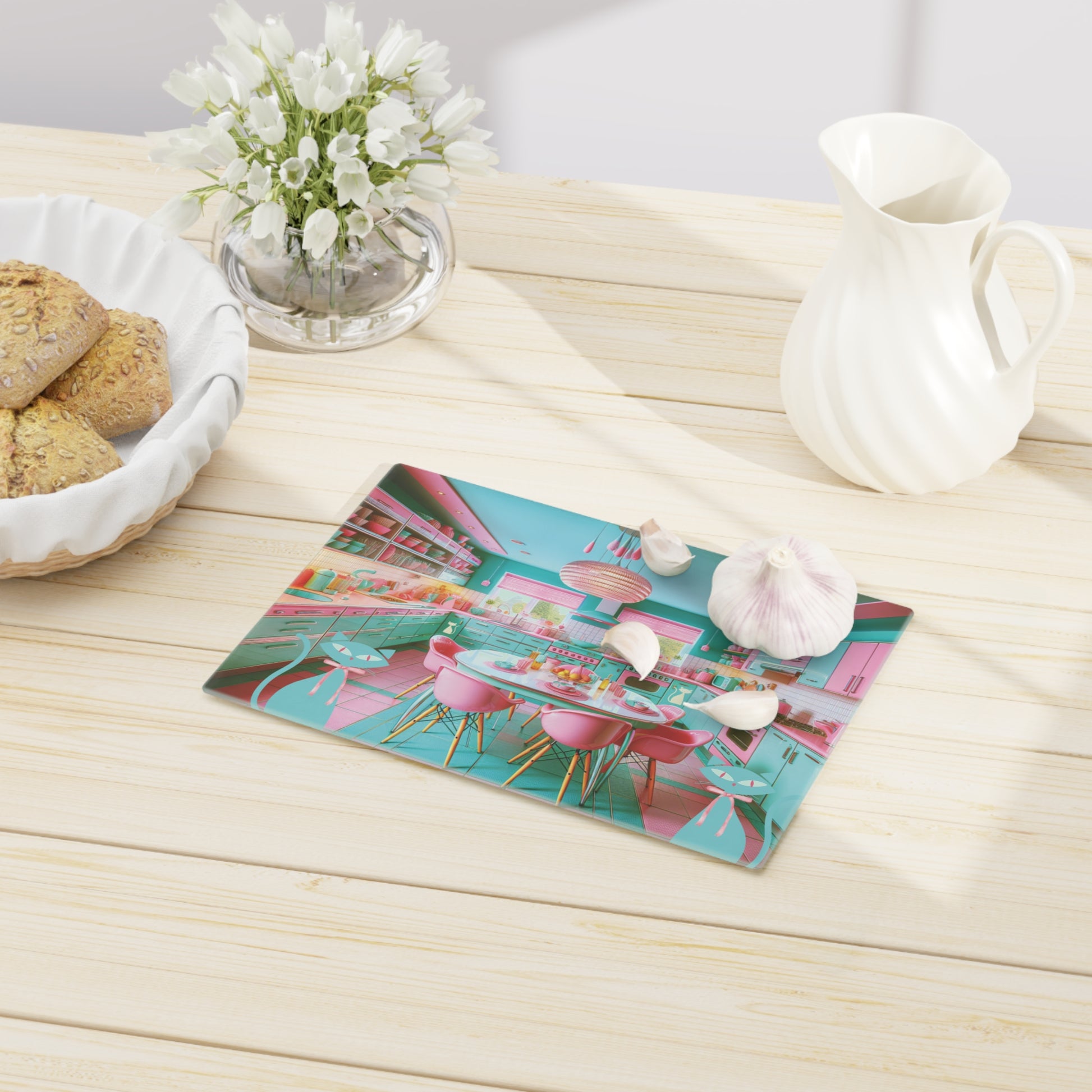 Cutting Board - Atomic Kitty Cat Mid Century Modern Aqua Pink MCM Design - MRSBYVALLE