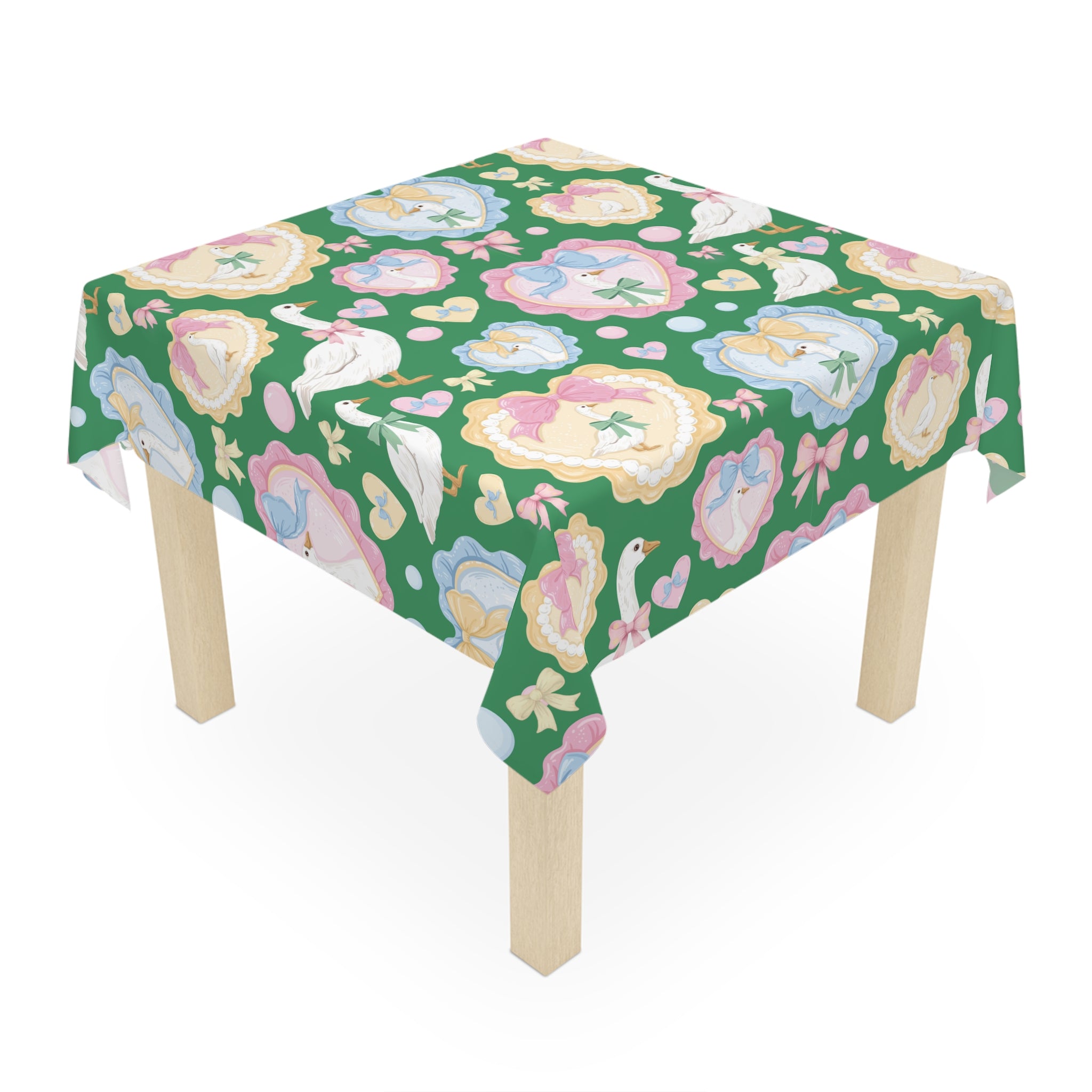 Silly Goose Green Tablecloth with Pastel Bows & Hearts – Whimsical Dining Table Decor