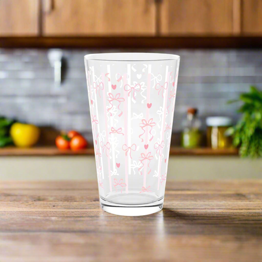 Pint Glass, Pink Bows & Ribbons, Cute Aesthetic Drinkware, Girly Gift, Elegant Glassware, Feminine Decor, Stylish Beverage Glass, Handwash Only 16 oz