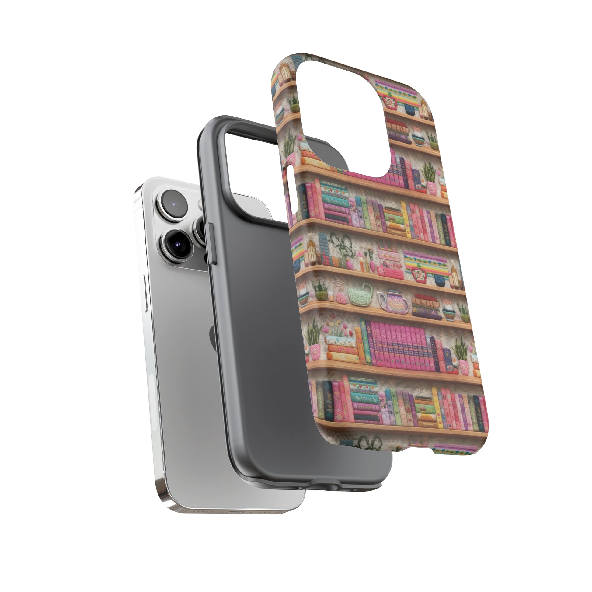 Phone Case 3D Illusion Books & Shelf Embroidery Design with Vibrant Colors Gift for Her Phone 15, Samsung iPhone Samsung Gift for Her Case iPhone 15, Samsung iPhone Samsung Accessory Gift for Her.